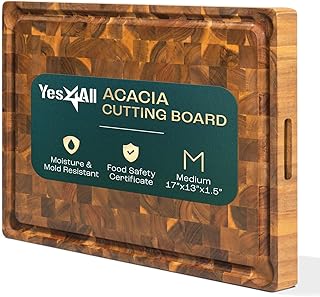 Yes4All Durable Acacia Cutting Boards for Kitchen, [17''Lx13''Wx1.5” Thick] Medium End Grain Cutting Board, Pre Oiled Wood Cutting Boards, Thick Chopping Board w/Juice Grooves and Easy Grip Handle