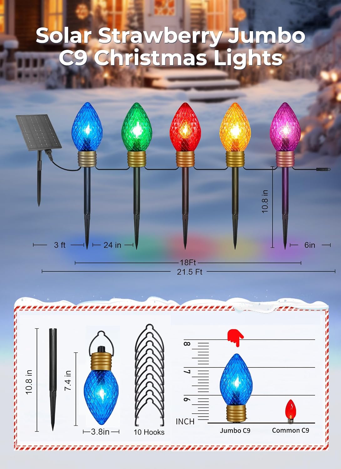 Brightown Solar Strawberry Jumbo Christmas Lights Outdoor - 2 Pack Total 44 FT 20 LED Jumbo C9 Christmas Pathway Lights with Timer, 8 Modes, Christmas Outdoor Decorations for Lawn Outside, Multicolor
