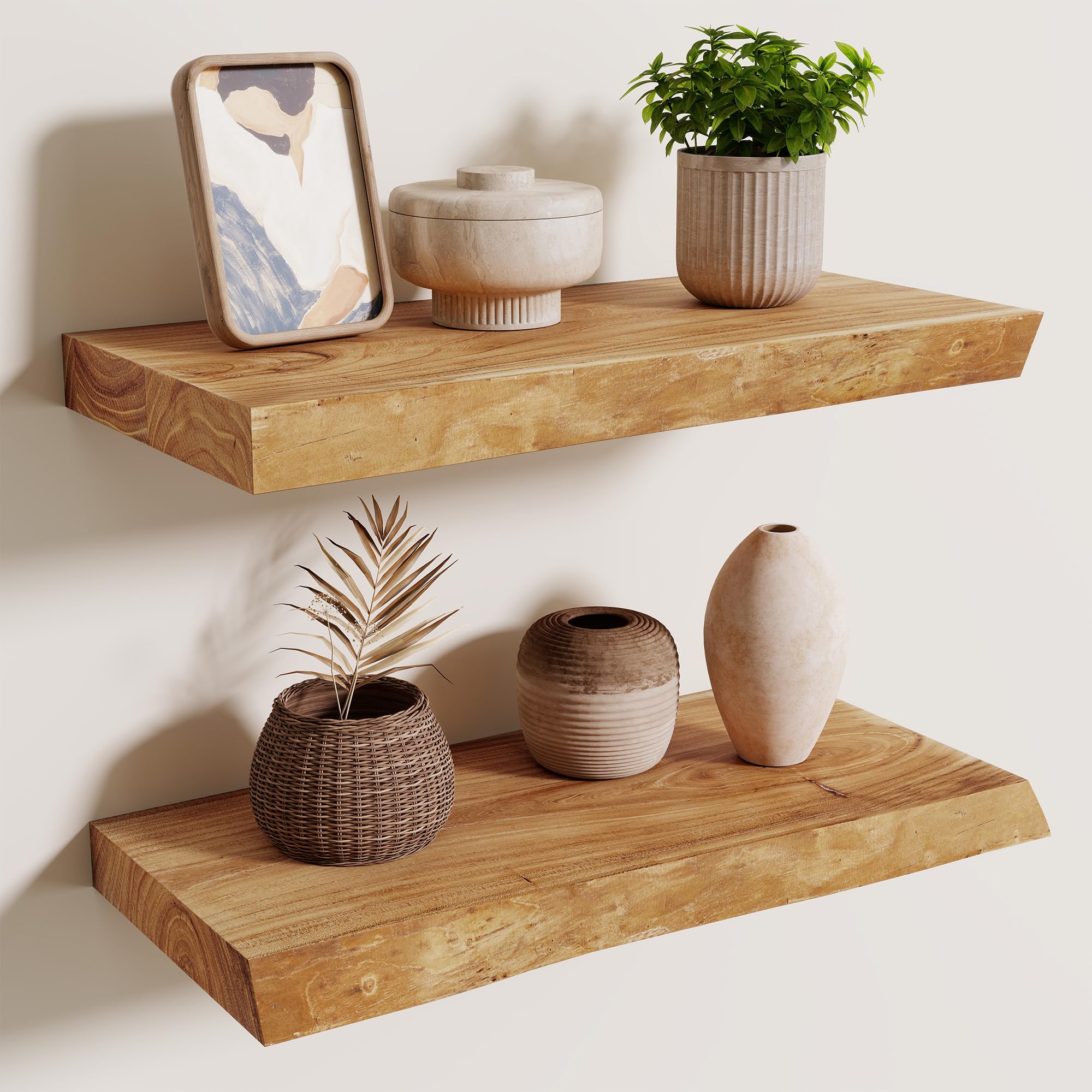 Axeman Schweberegal 2er Set mit Baumkante aus recyceltem Ulmenholz Massivholz – 40 x 20 x 3.5 cm Wandregal mit unsichtbarer Halterung für Wohnzimmer Küche Schlafzimmer Flur Büro in Natur