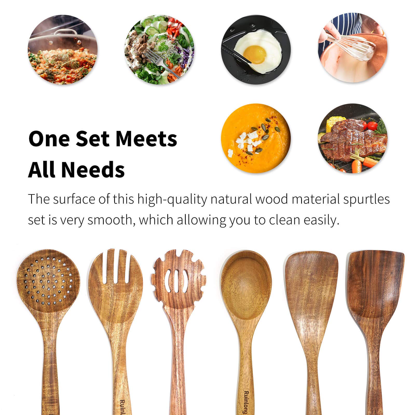 Juego De 6 Utensilios De Cocina De Madera De Teca - Espátulas Y Cucharas Naturales