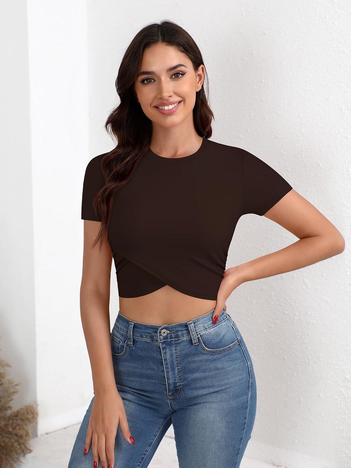 Laughido Wrap Workout Crop Tops for Women Athletic Yoga Gym Tees Crew Neck Short Sleeve Slim Fit T Shirts