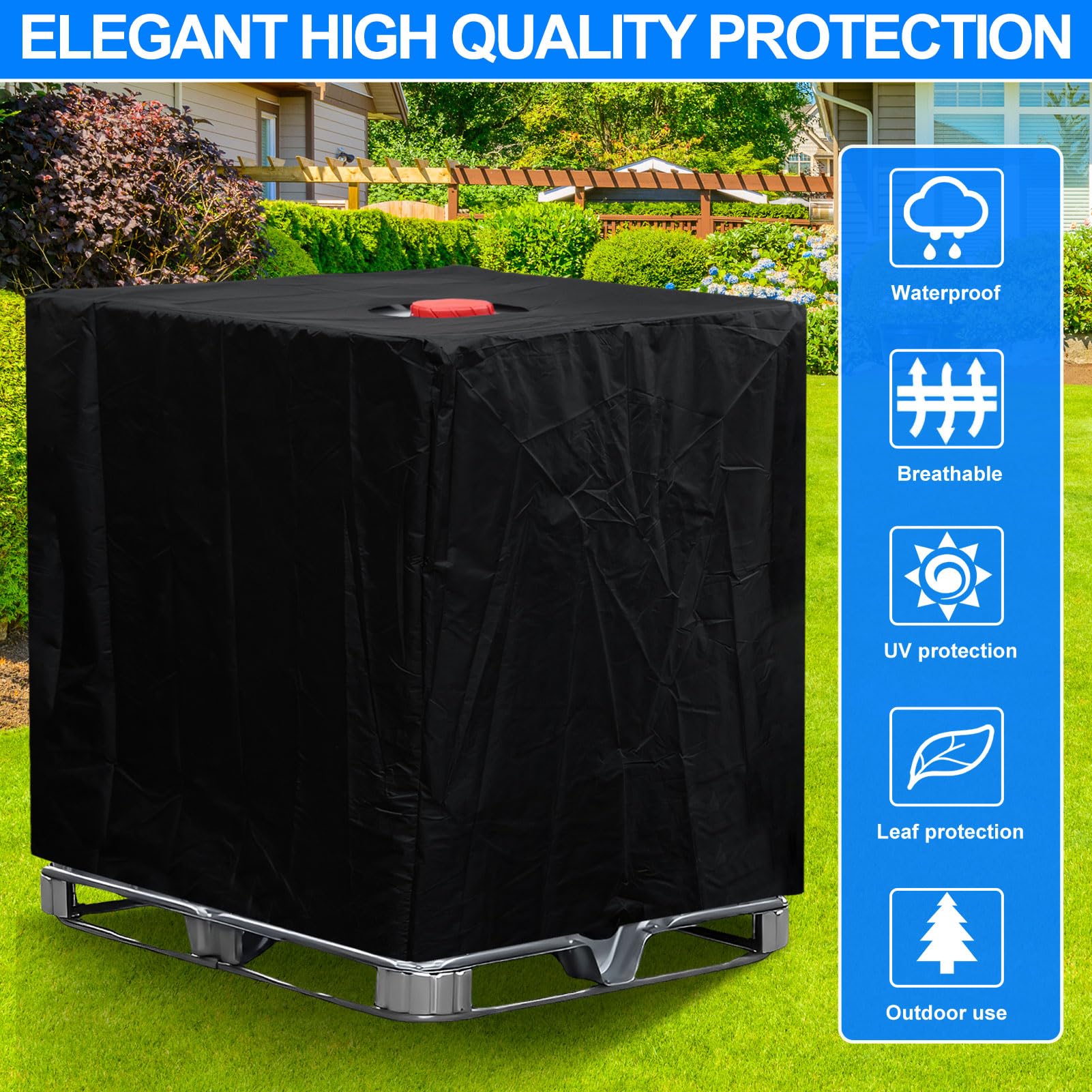 Bache pour Cuve 1000L, Bâche de Récupérateur d'eau de Pluie 1000 litres, Housse Protection Cuve, Anti-Poussière Anti-UV Réservoir de eau IBC (116 x 100 x 120 cm) (Noir, Lot de 2)