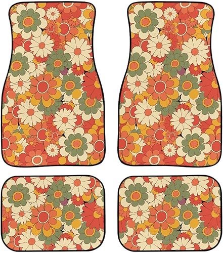 Coloranimal Alfombrillas abstractas hippie para automóvil, 4 piezas, retro, años 60, 70, Groovy Daisy Hippy, alfombrillas universales para la