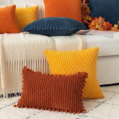 Miniatura 8 de Kevin Textile - Juego de 2 fundas de almohada decorativas de otoño de ladrillo quemado de 24 x 24 pulgadas con pompones para sofá dormitorio,