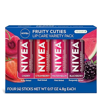 NIVEA Lip Care, Fruity Tinted Lip Balm Variety Pack, Cherry, Strawberry, Blackberry and Watermelon Flavors, 3-in-1 Moisture, Repair and Color, 0.17 Oz Stick, Pack of 4