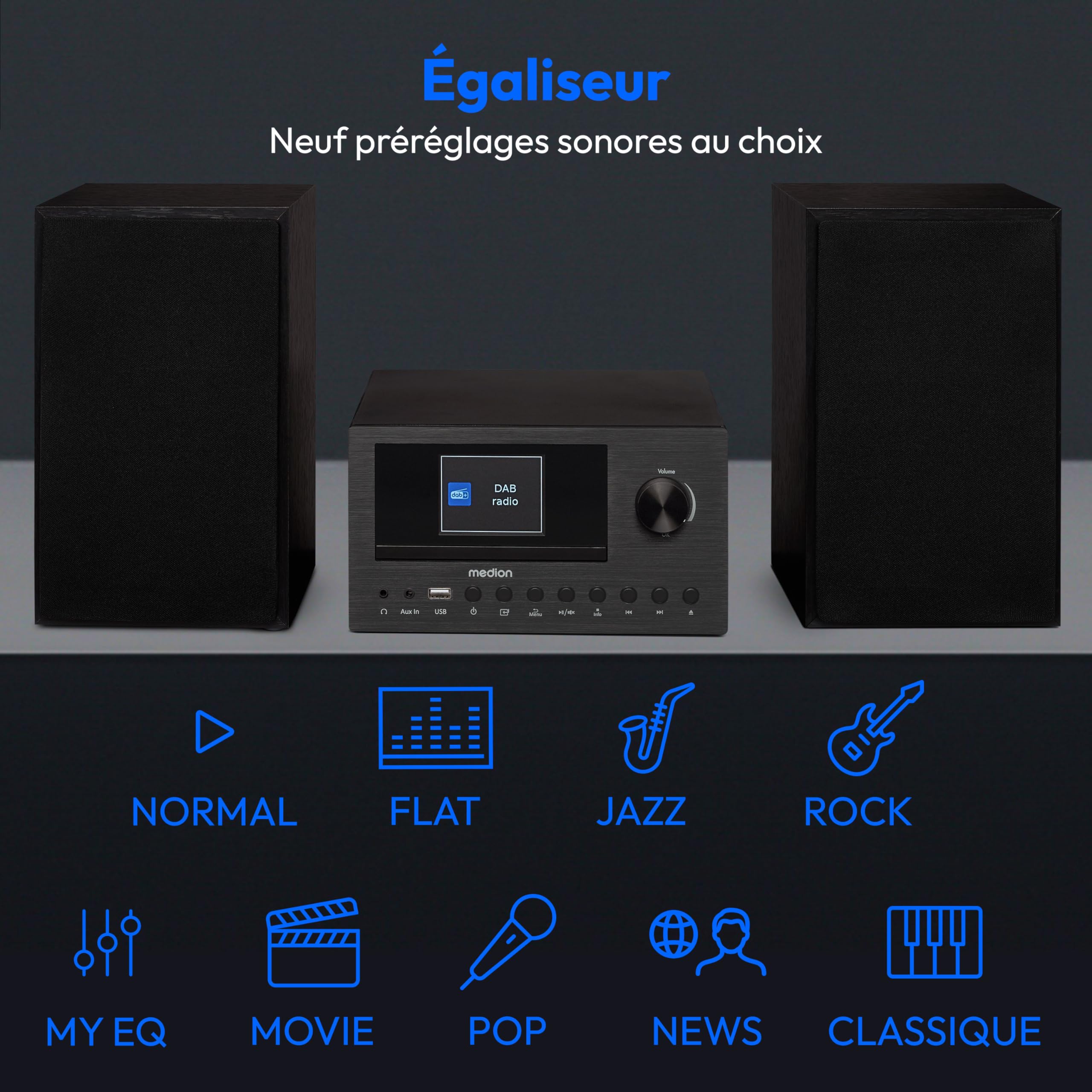 MEDION Système Audio Compact P85003 (Radio Internet, Dab+, Radio FM PLL, Bluetooth, Connexion USB, AUX, 2x150 W)