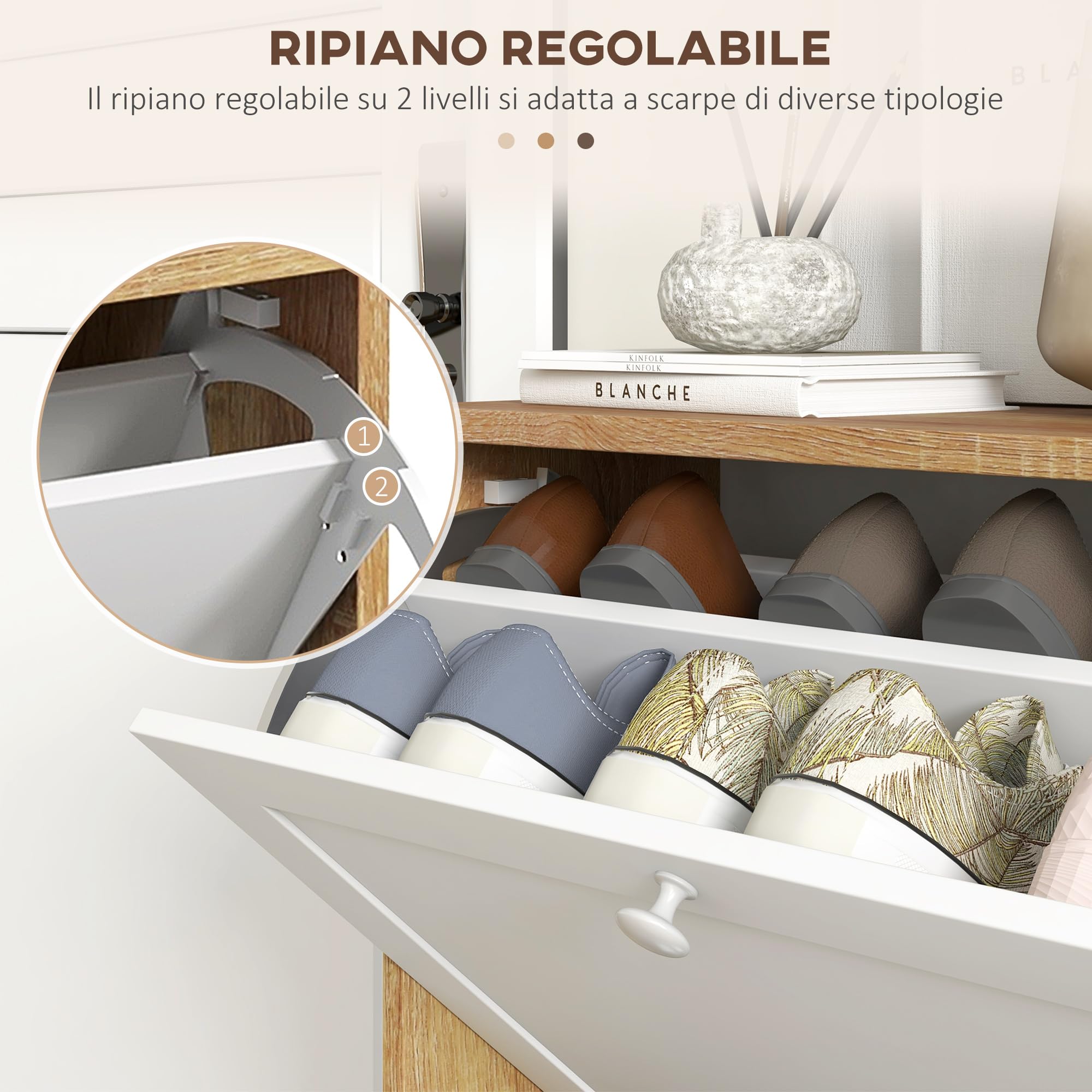 HOMCOM Scarpiera Slim con 3 Ripiani Regolabili a 2 Livelli o Rimovibili per 12 Paia, Mobile Scarpiera in Truciolato e MDF Salvaspazio, 60x24.5x75.5 cm, Bianco e Rovere