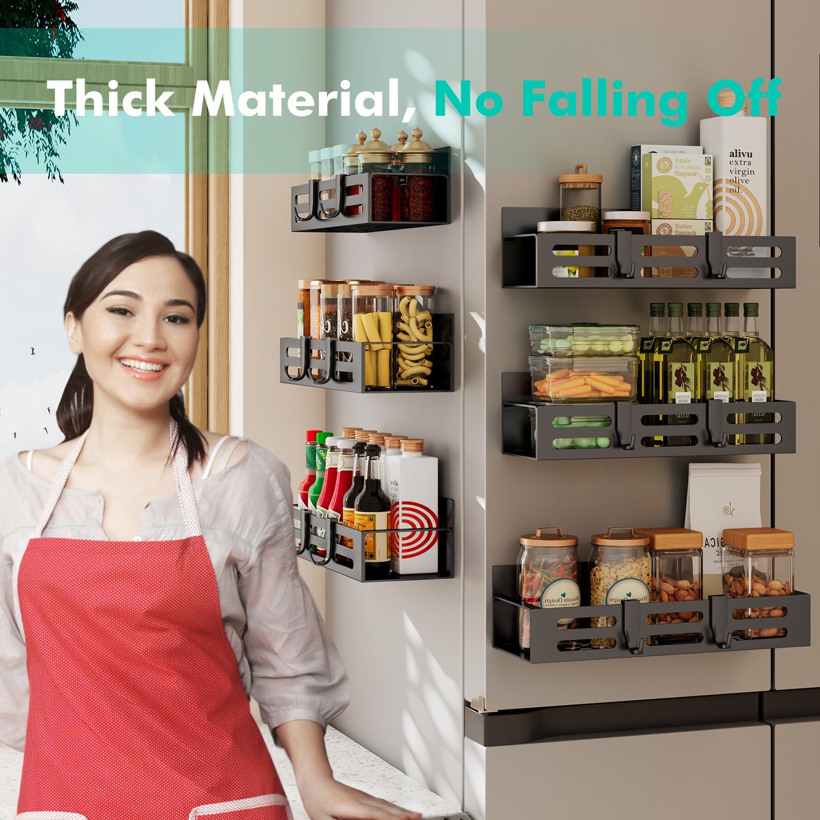 SETBAOO Paquete de 6 estantes magnéticos para refrigerador, estante magnético negro y organizadores de gabinete de cocina, almacenamiento de condimentos, mini estantes.