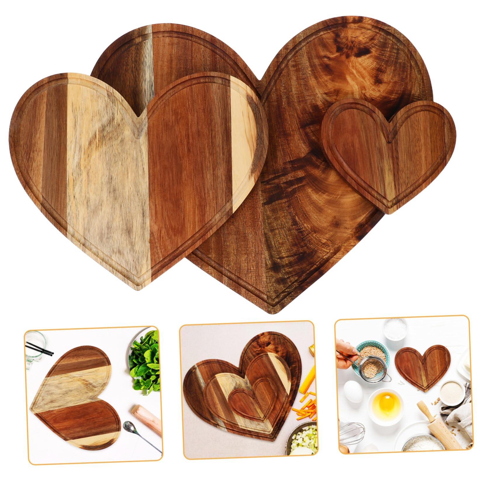 ULTECHNOVO 3pièces Planche à Découper Bois Forme Cœur Lot Plateau Service Fromage Saint-valentin Décoration Table
