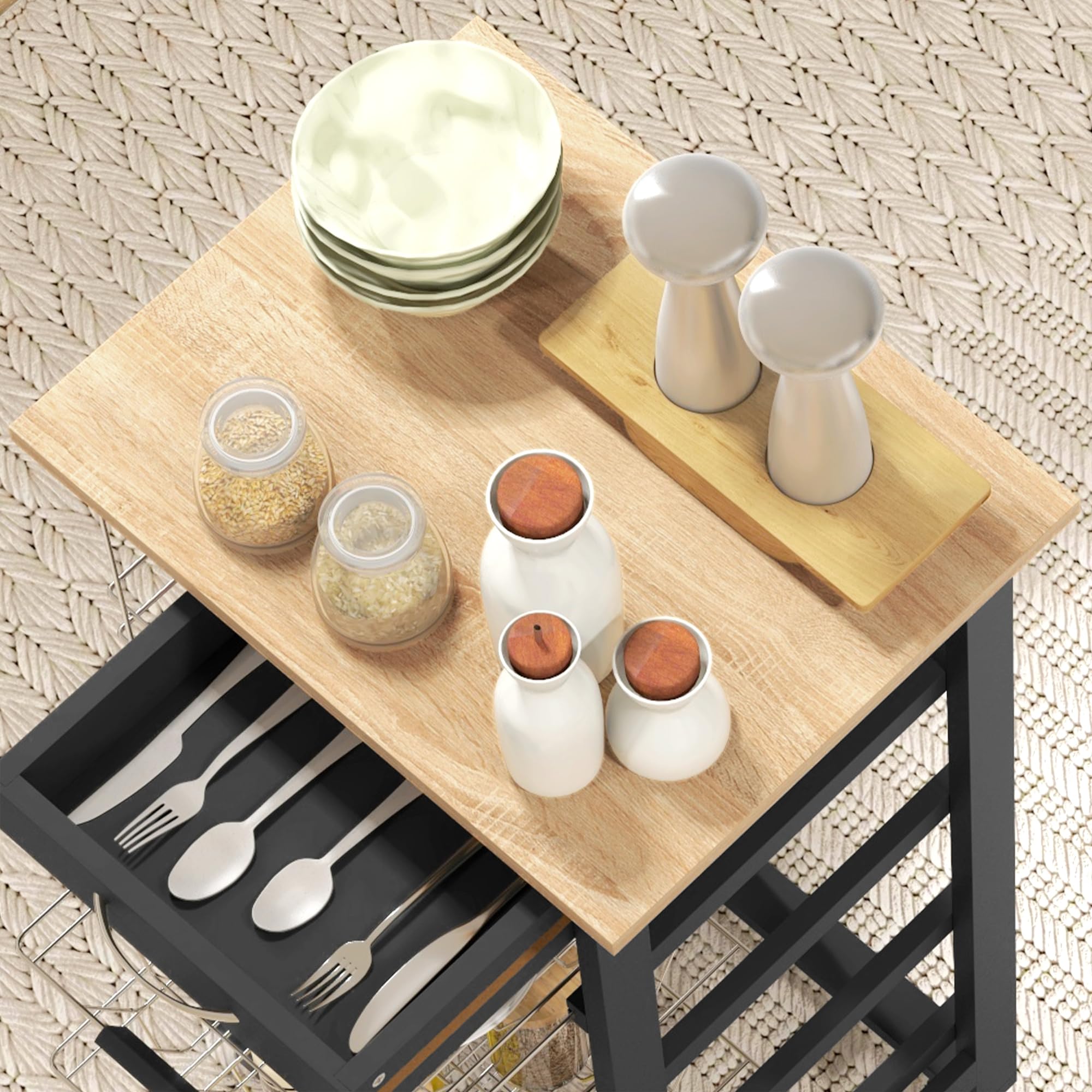 HOMCOM Carrello da cucina con ruote Carrello multiuso con cassettiera 4 cestini estraibili in metallo e cestelli laterali 47x37x83 cm Nero e legno naturale