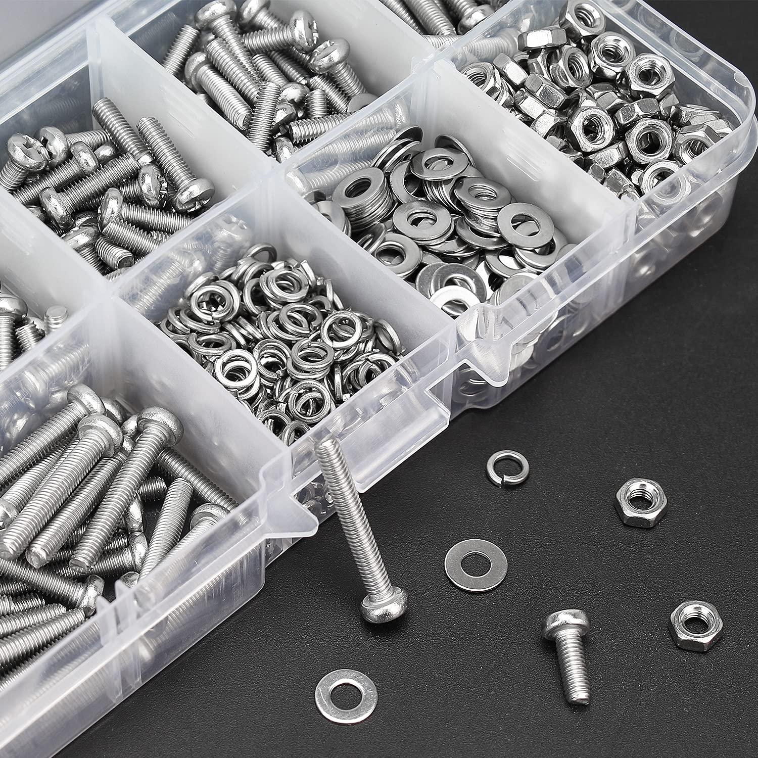 HELIFOUNER 500 Pieces M3 x 6mm /8mm /10mm /12mm /16mm /20mm, Phillips Pan Head Machine Screws, Metric Screws Bolts Washers Nuts Kit, 304 Stainless Steel