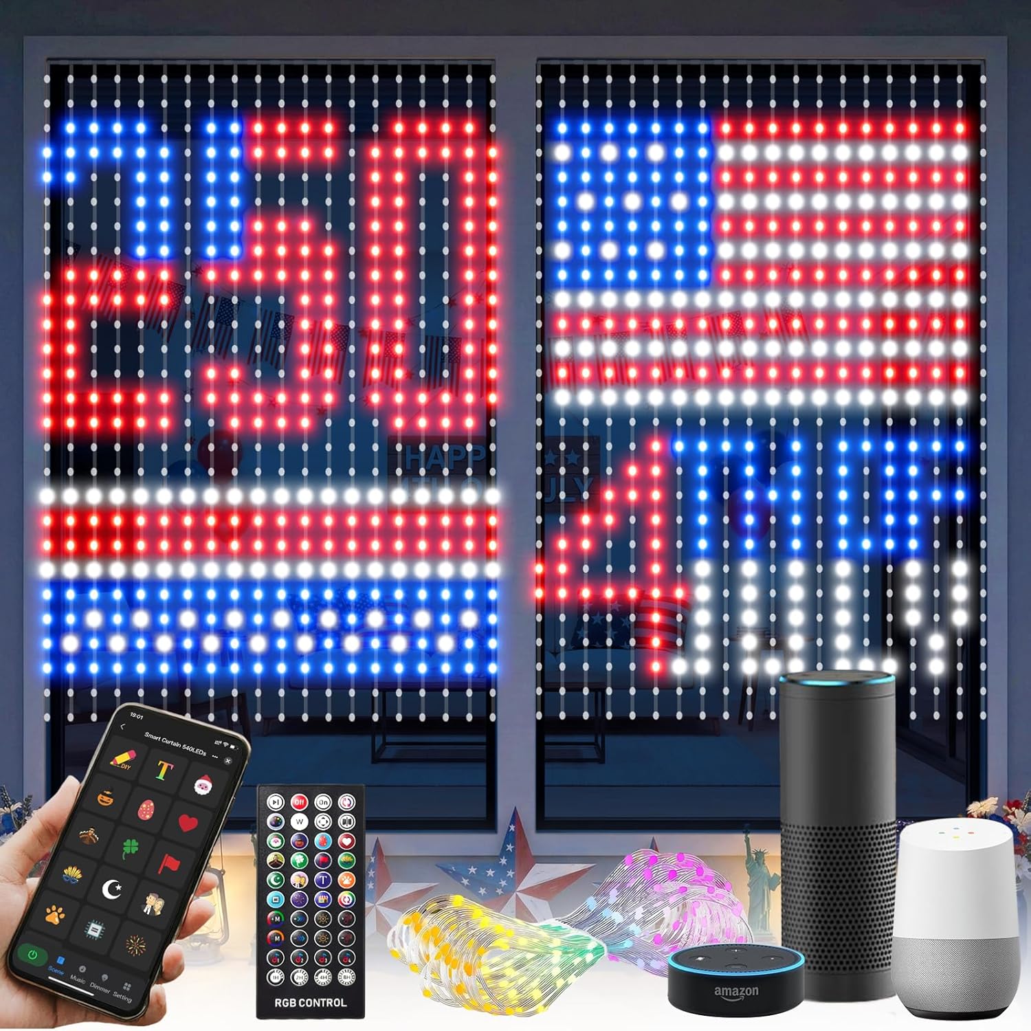 Smart Curtain Lights Pro - 540LEDs AI Pattern & GIF Display, WiFi APP Control Compatible with Alexa Google Home, Color Changing Music Lights Outdoor Indoor for 4th of July Window Decor, 5x6.6FT