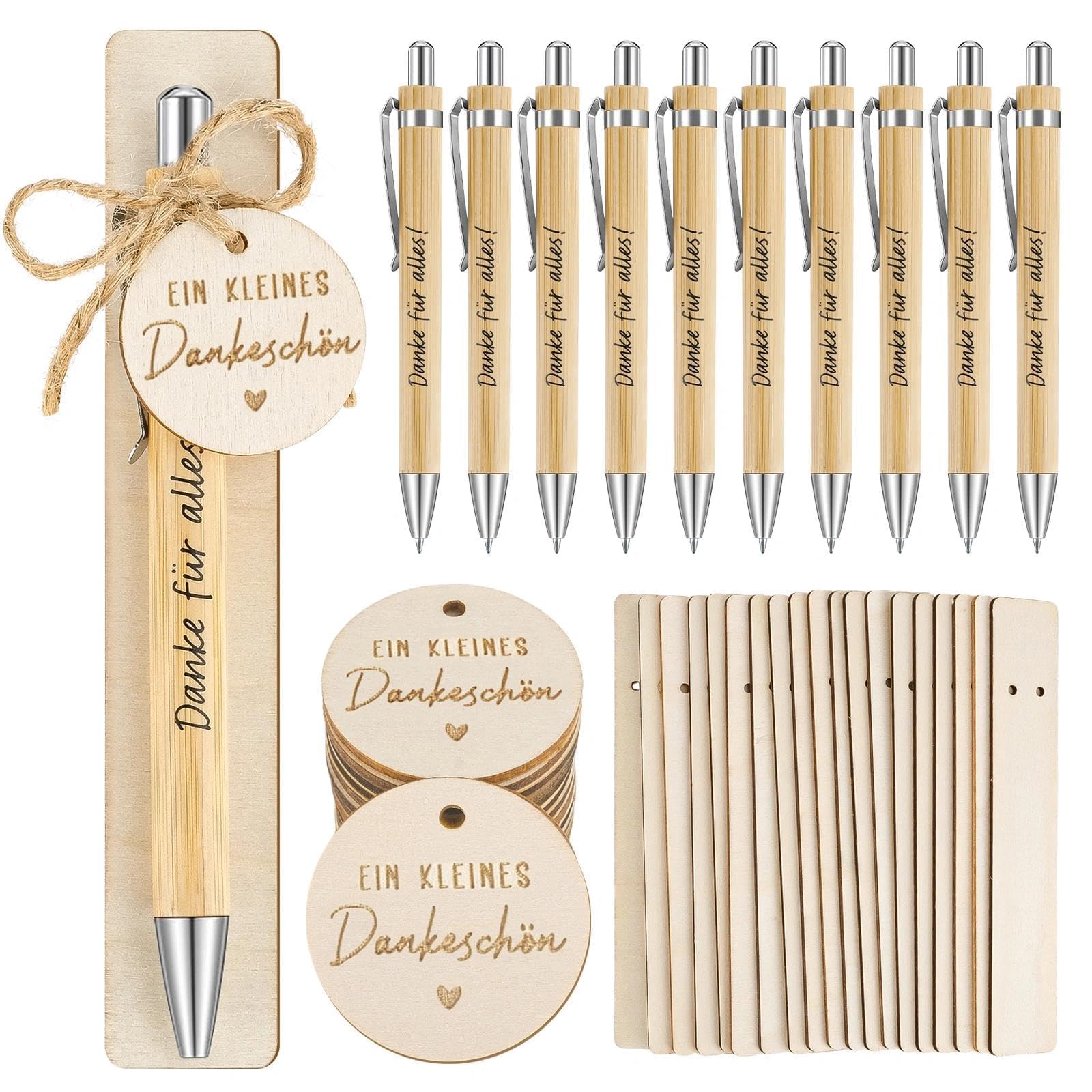 20 PCS Bolígrafos Negro, Boligrafo de Bambu Retráctil, Bolígrafos Personalizados con Colgante, Cuerda y Tabla de Madera, Regalo para Boda Invitados, Trabajo, Profesora, Regalo de Graduación