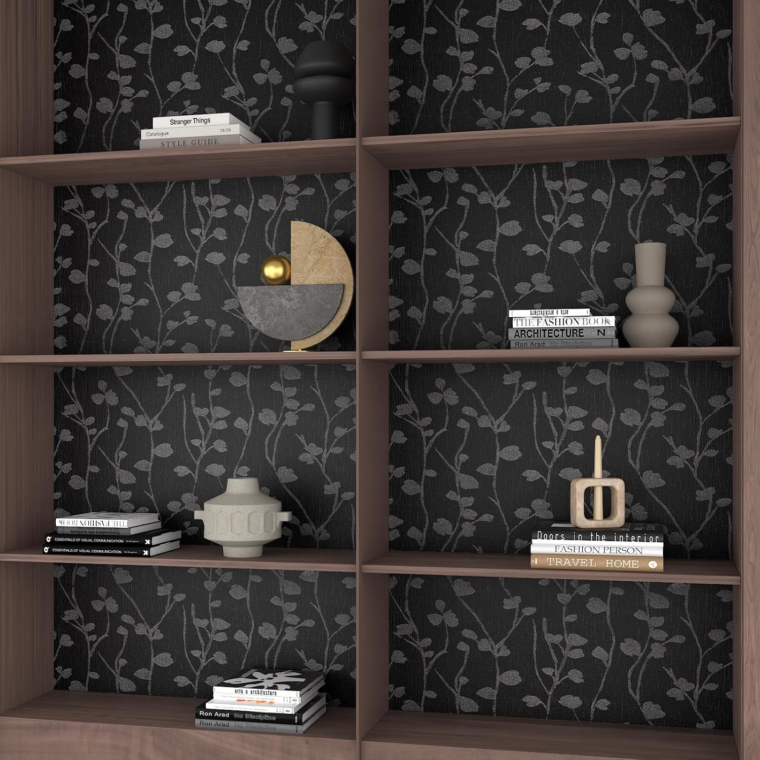 15.7"x472" Black Wallpaper Peel and Stick Textured Black Patterned Contact Paper Waterproof Removable Embossed Leaf Wall Paper for Bedroom Bathroom Self Adhesive Dark Vinyl Wrap for Cabinets