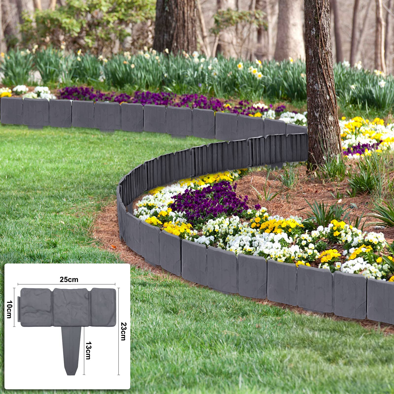 Beeteinfassung Rasenkante Stein Rasenkante Kunststoff PP-Beetbegrenzung Beetumrandungen für Garten Wiese LxH 25x23cm 50-teilige / 12,5M Anthrazit