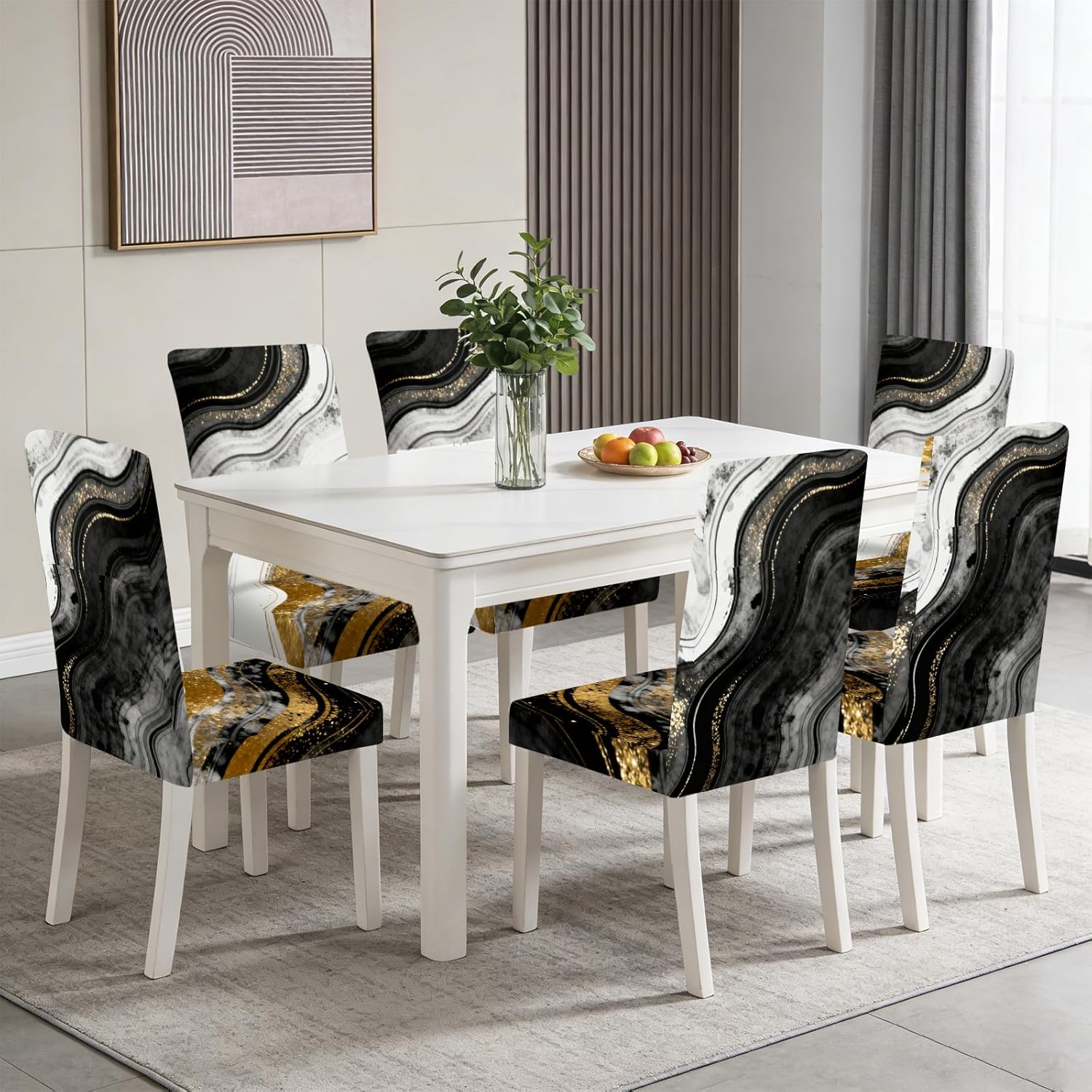 Nuxovilar Chair Covers Dining Chair Slipcovers Black White Gold Wave Ink Texture Stretch 23.6x70 Inches - Dining Chair Covers Set of 6 for Modern Living Room Luxury Space Decor
