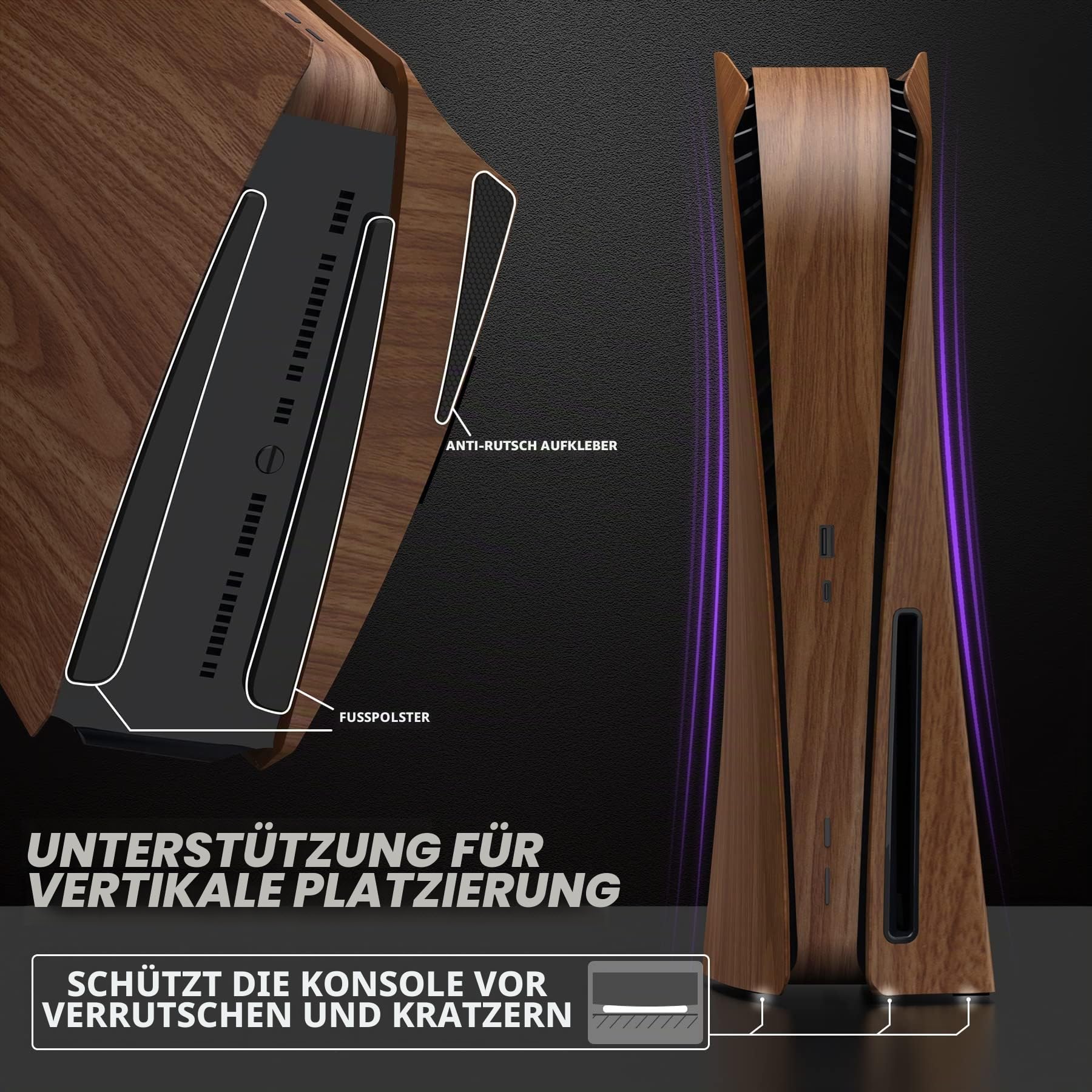 eXtremeRate Re-Design eXcover Shell für PS5 Konsole Disc Edition, Abdeckung Seitenplatten & Mittel Aufkleber Ersatzteile Holz Optik