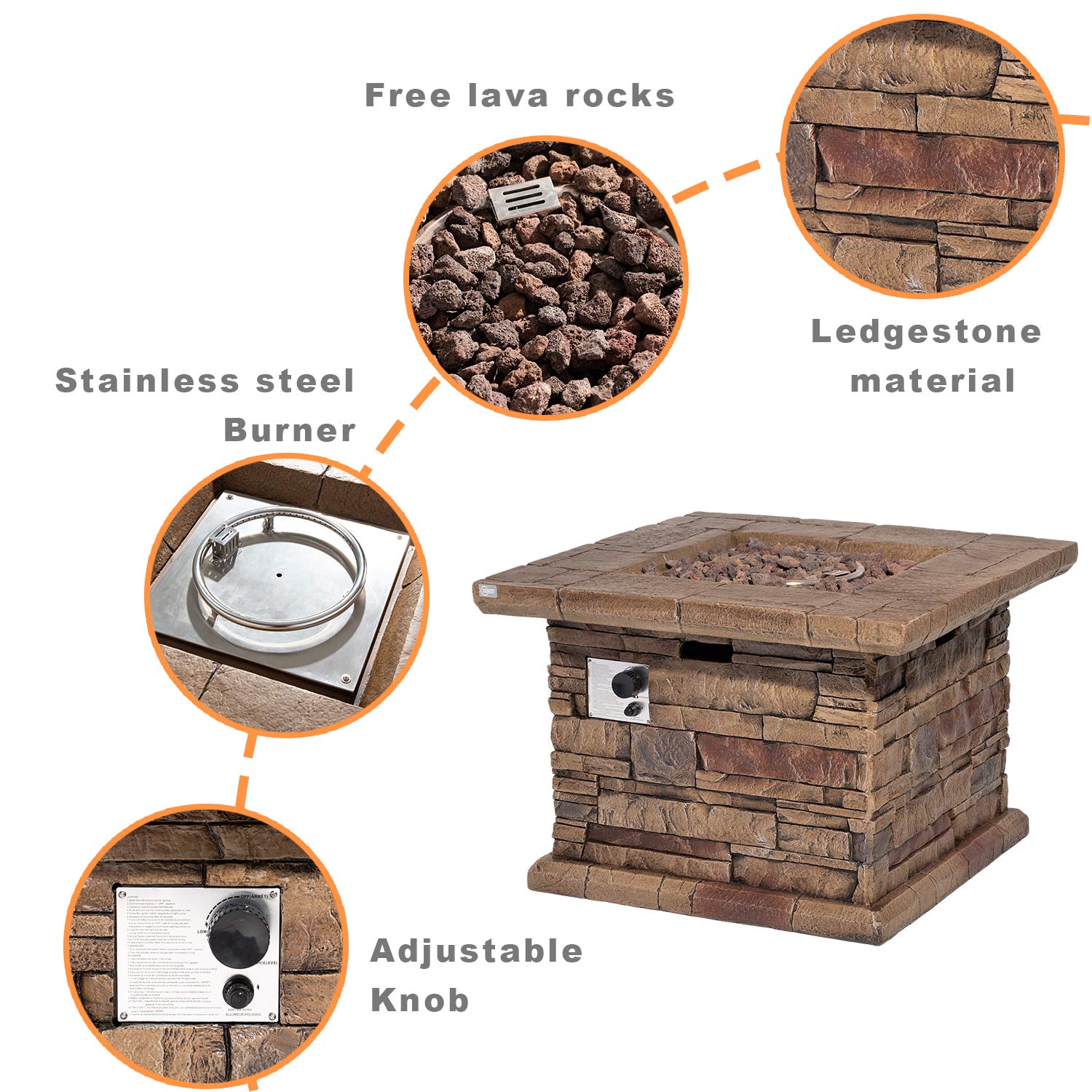COSIEST Outdoor Propane Fire Pit Table w Faux Brown Ledgestone 32inch Square Fire Table, 50,000