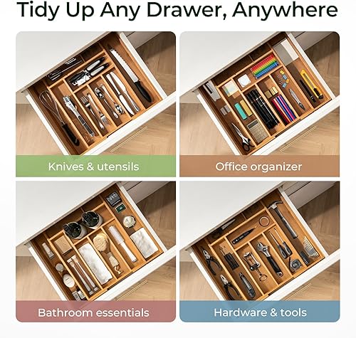 Miniatura 8 de Organizador de cajones de cocina de bambú carbonizado, organizador de cubiertos expandible de 10 ranuras, soporte para utensilios y bandeja de