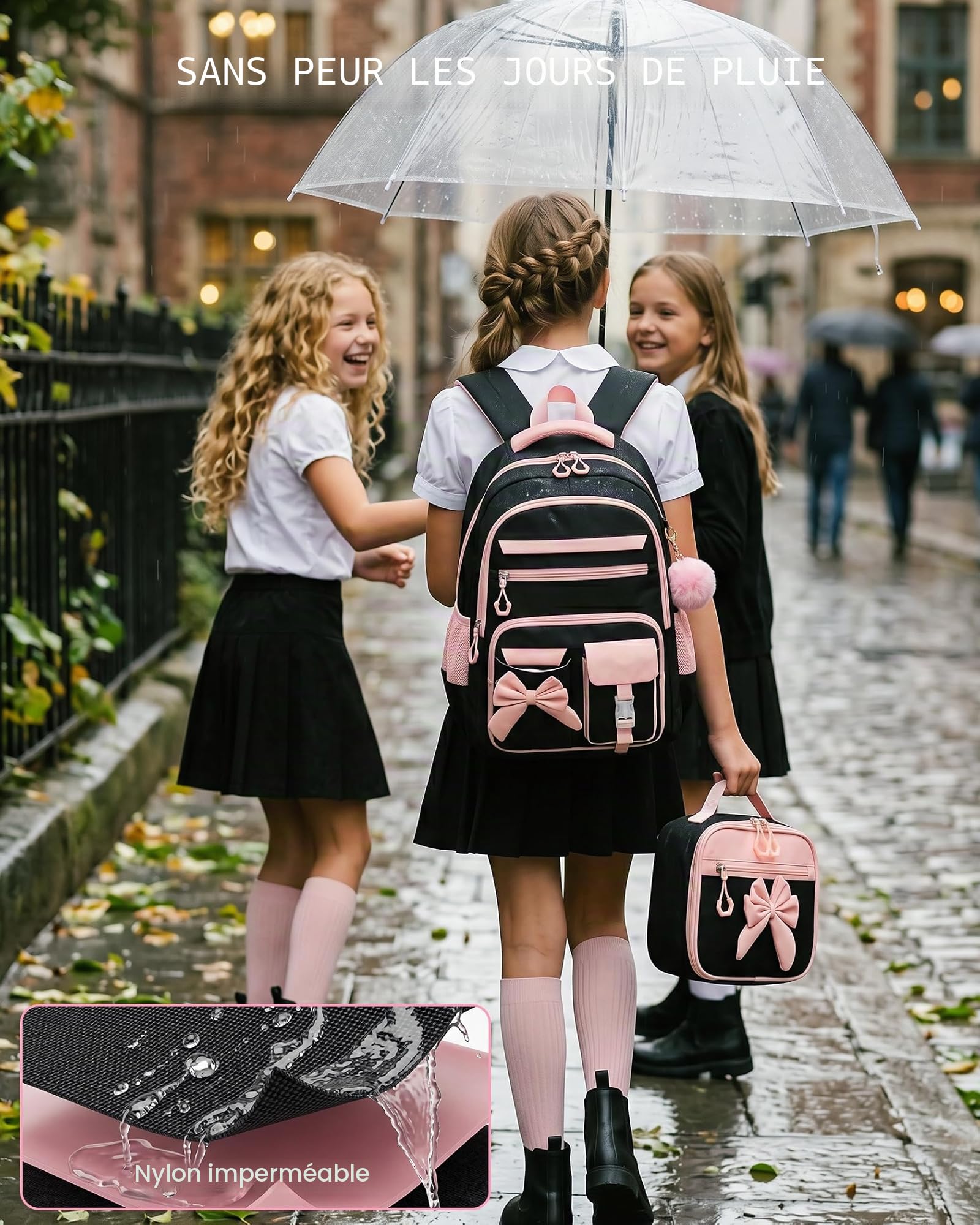 Amythe Sac à Dos Fille Primaire 3 Pièce, Ensemble Cartable Enfant Scolaire avec Sacs à Déjeuner et Trousse Crayon, Sac Ecole pour Fille 8 à 15 ans, Noir