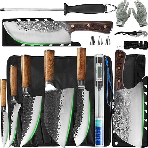 FULLHI Juego de cuchillos de carnicero de 11 piezas y cuchillo de carnicero portátil con bolsa para cuchillos y funda