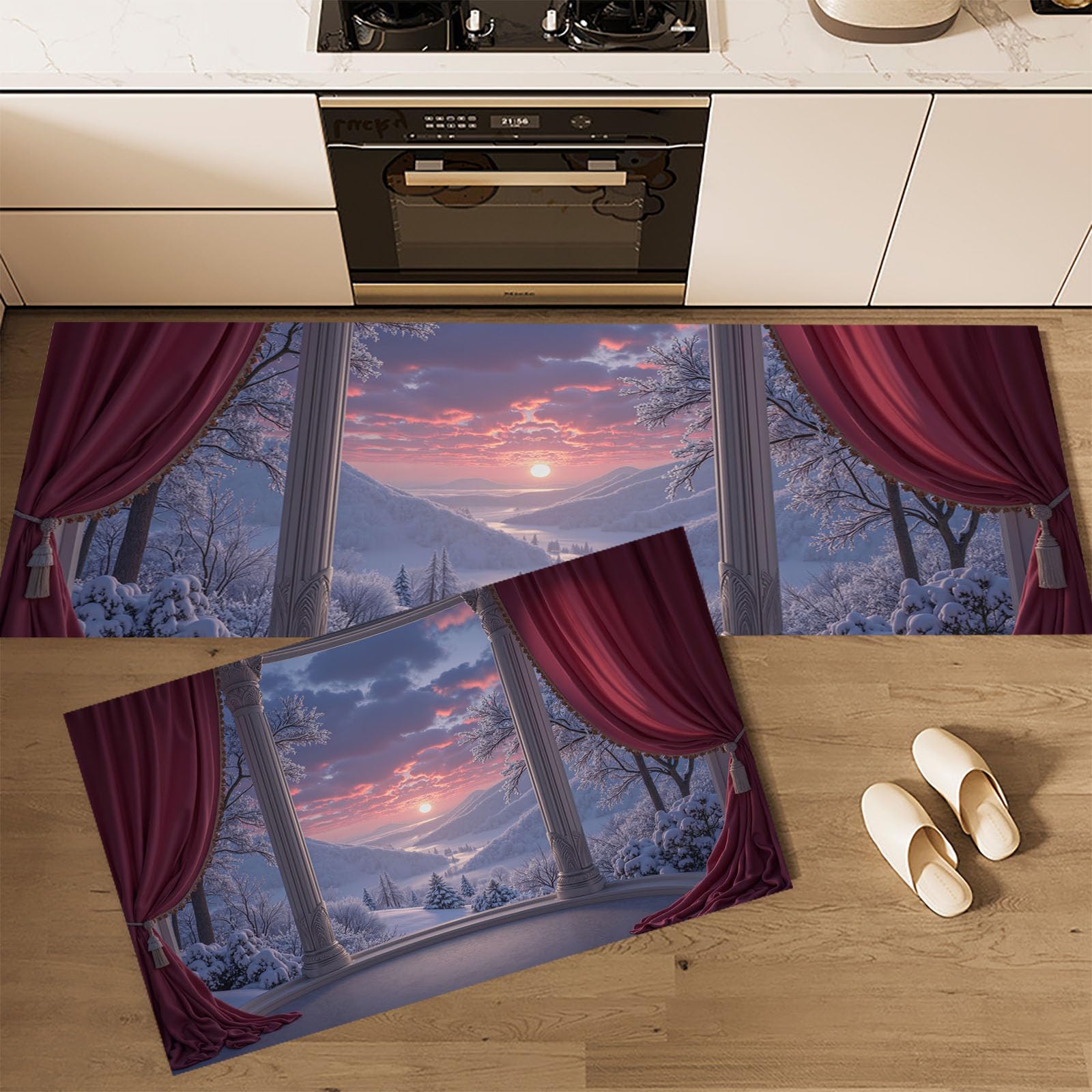 Alfombra de cocina con paisaje romántico nevado para llenar de calidez y arte tus suelos