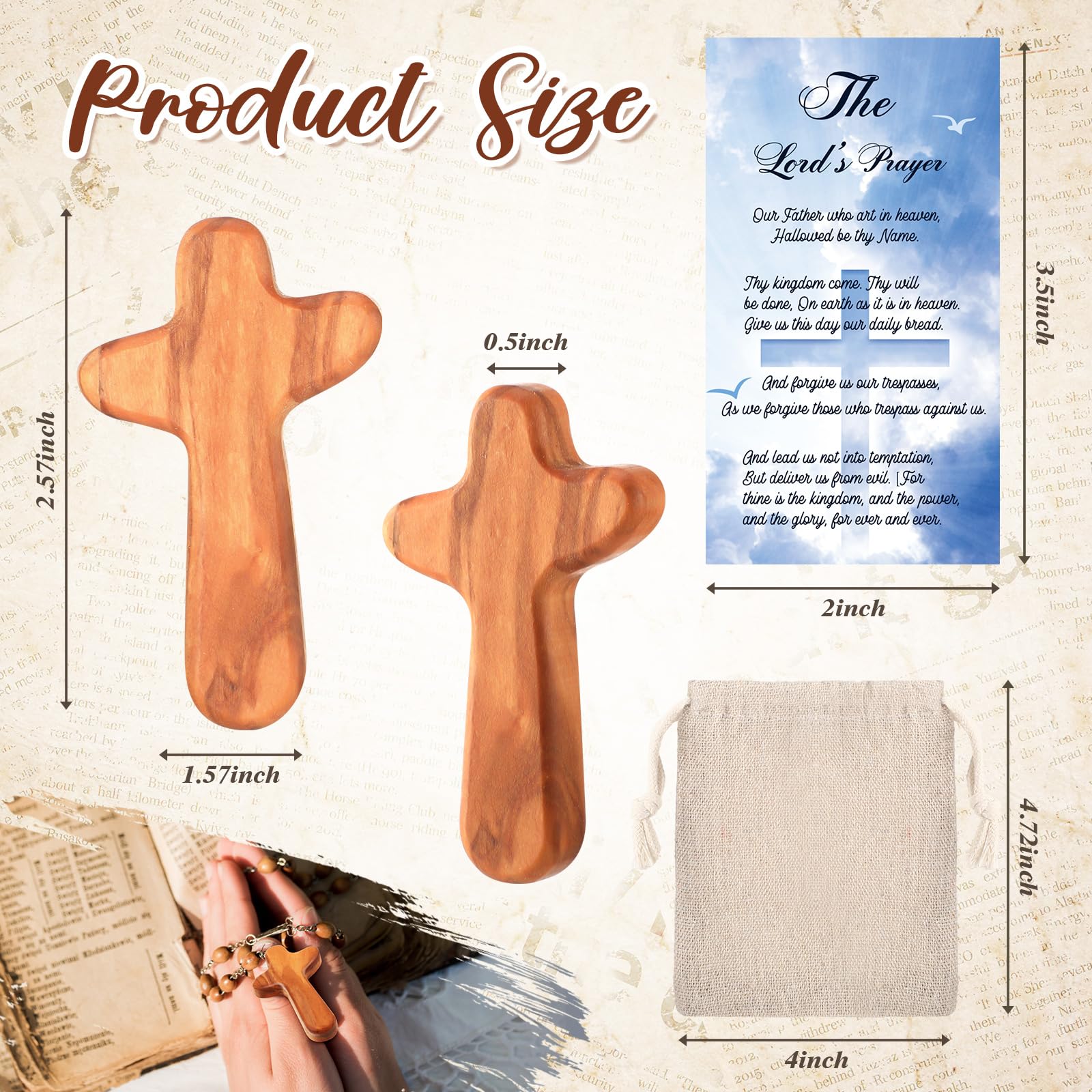Wenqik 25 Sets Small Olive Wood Crosses Bulk Holding Hand Crosses Religious Christian Gift with Prayer Cards and Bags for Jesus Catholic