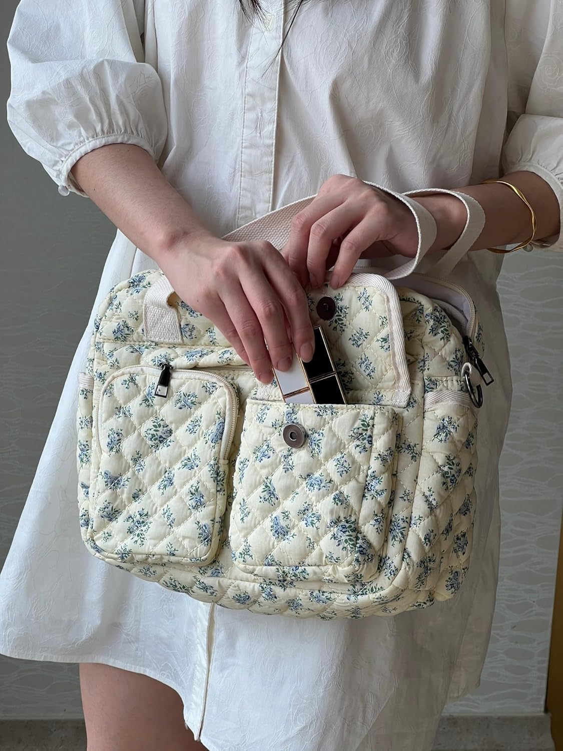 2 PCS/Set Small Cute Floral Quilted Tote Bag with Multi-Pockets for Women, Crossbody Shoulder Everyday Handbags - Image 2