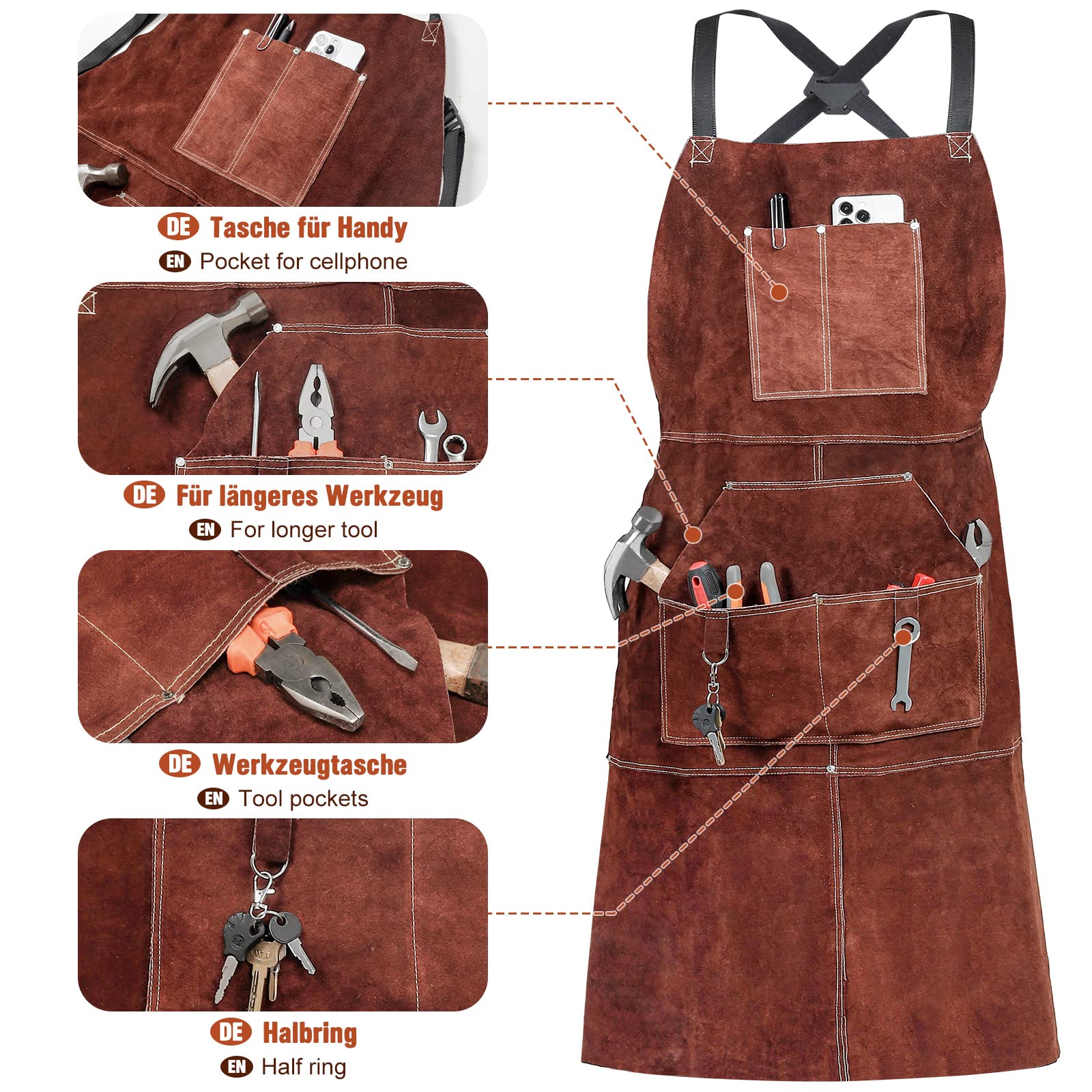 Yorbay Grembiule da Saldatura in Pelle con 5 Tasche e Spalline Regolabili, Resistente al Calore Ritardante di Fiamma Grembiuli per Utensili, per Fabbro, Falegname