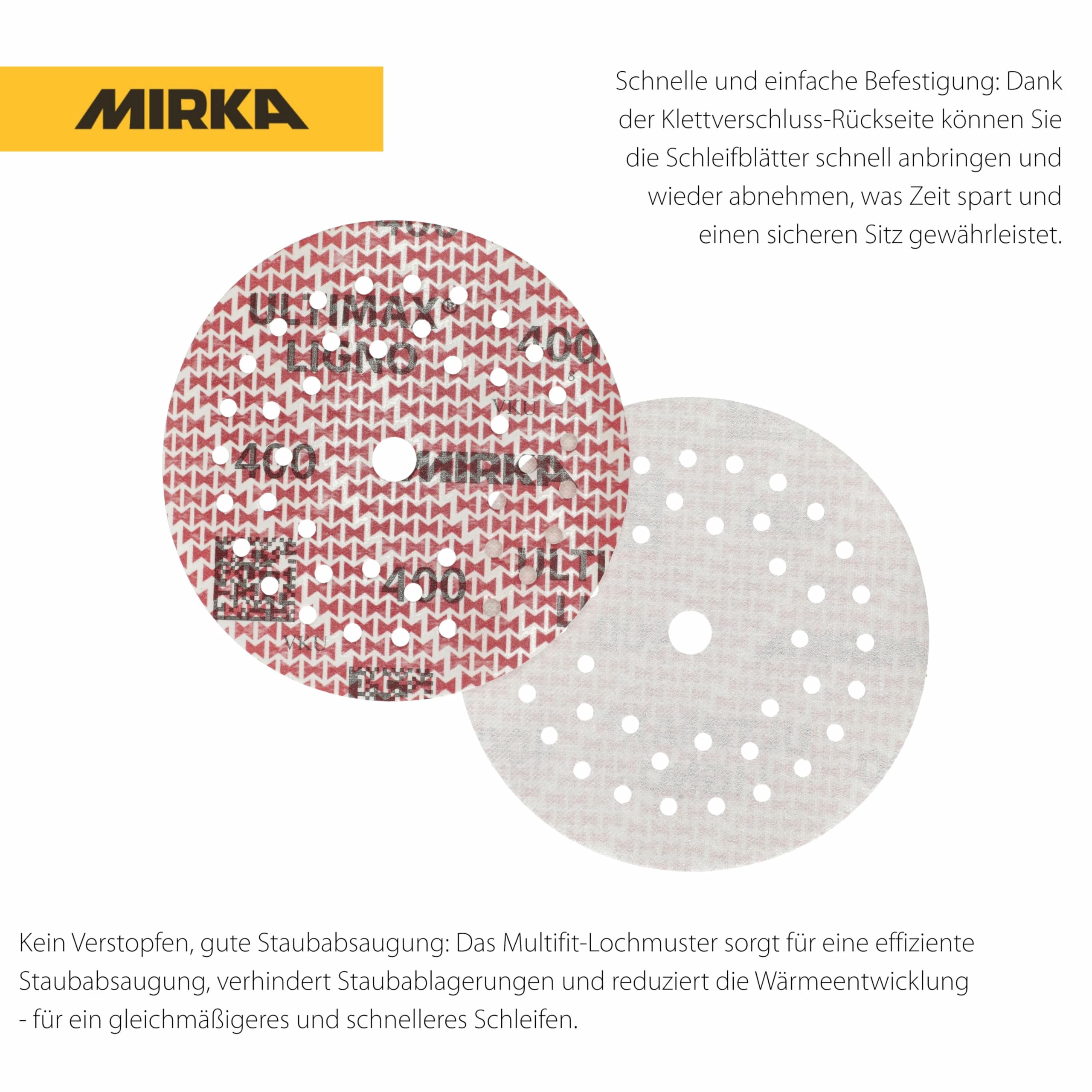 Mirka tarcze szlifierskie Ultimax Ligno 125 mm rzep Multifit | Profesjonalne tarcze szlifierskie do drewna z multiperforacją kompatybilne z szlifierkami mimośrodowymi i oscylacyjnymi