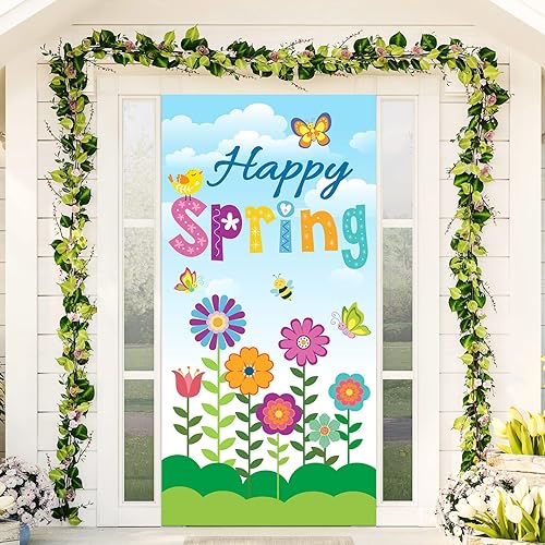 Whaline Decoración de cubierta de puerta con texto en inglés «Hello Spring» con diseño floral de primavera para puerta delantera, cartel colgante