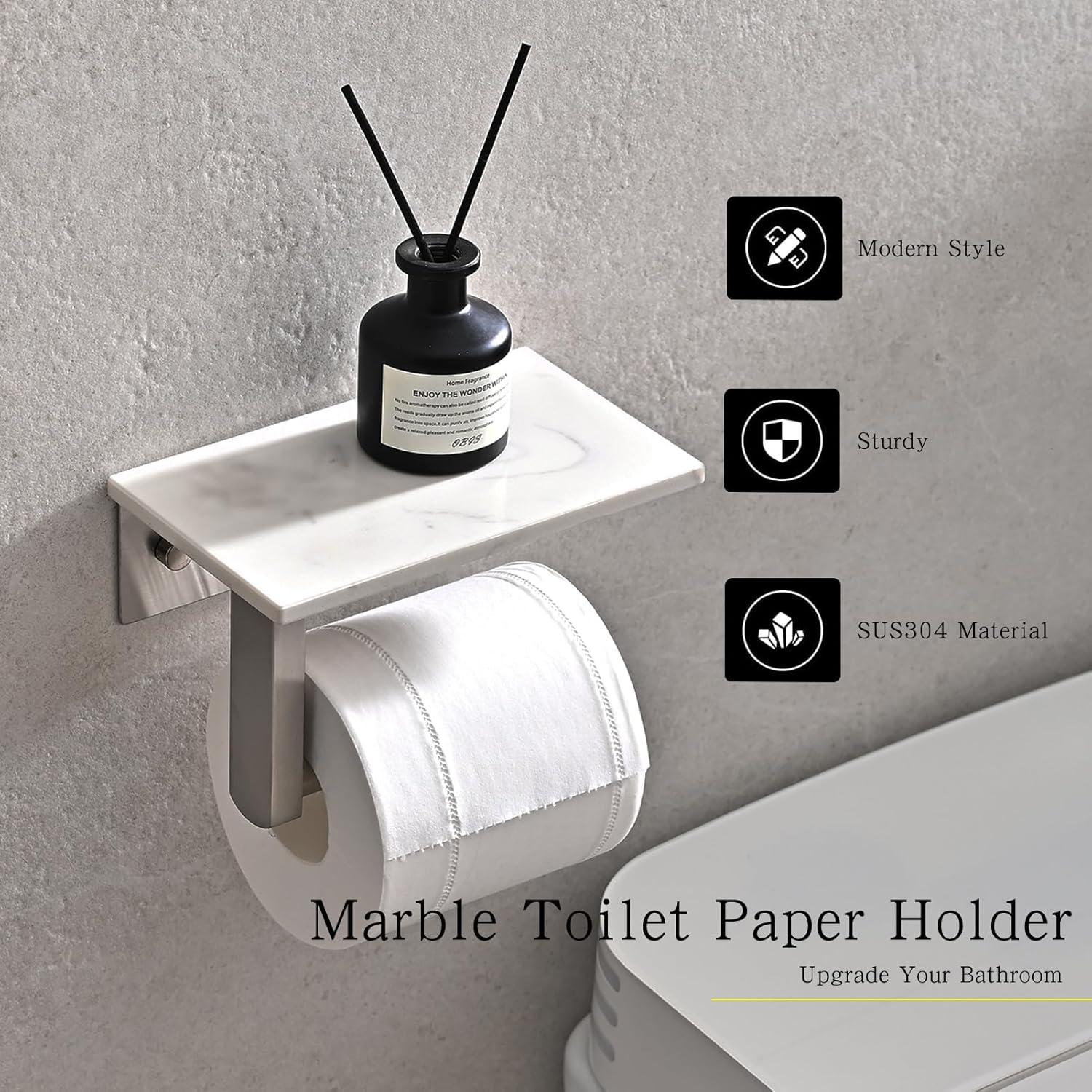 304 Wall Mounted Toilet Paper Holder, Toilet Paper Phone Holder Mobile Phone Storage Shelf for Modern Bathroom with Shelf-with Marble Panel (Brushed Nickel)