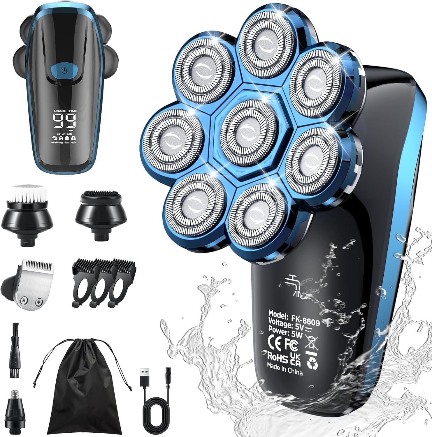 Afeitadora eléctrica para barba y cabello, 8D afeitadora cabeza calva hombre impermeable, Wet & Dry 100% lavable, 8 cabezales giratorios, cuchillas de doble pista y flexibles, USB recargable sin Fil