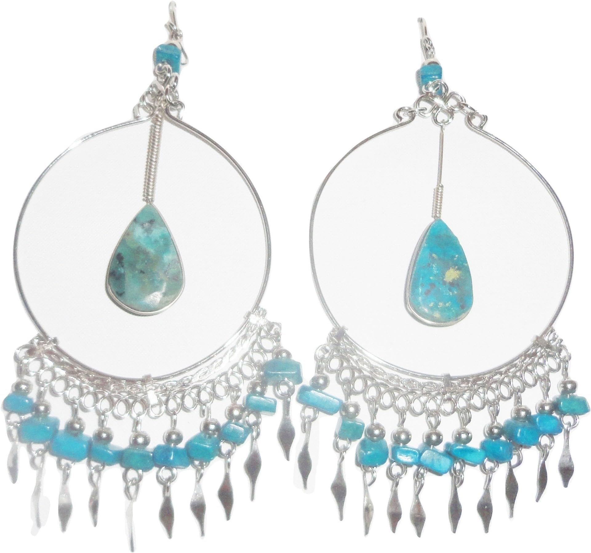 PeruTreasure Long Dangle Tribal Turquoise Alpaca Silver Earrings