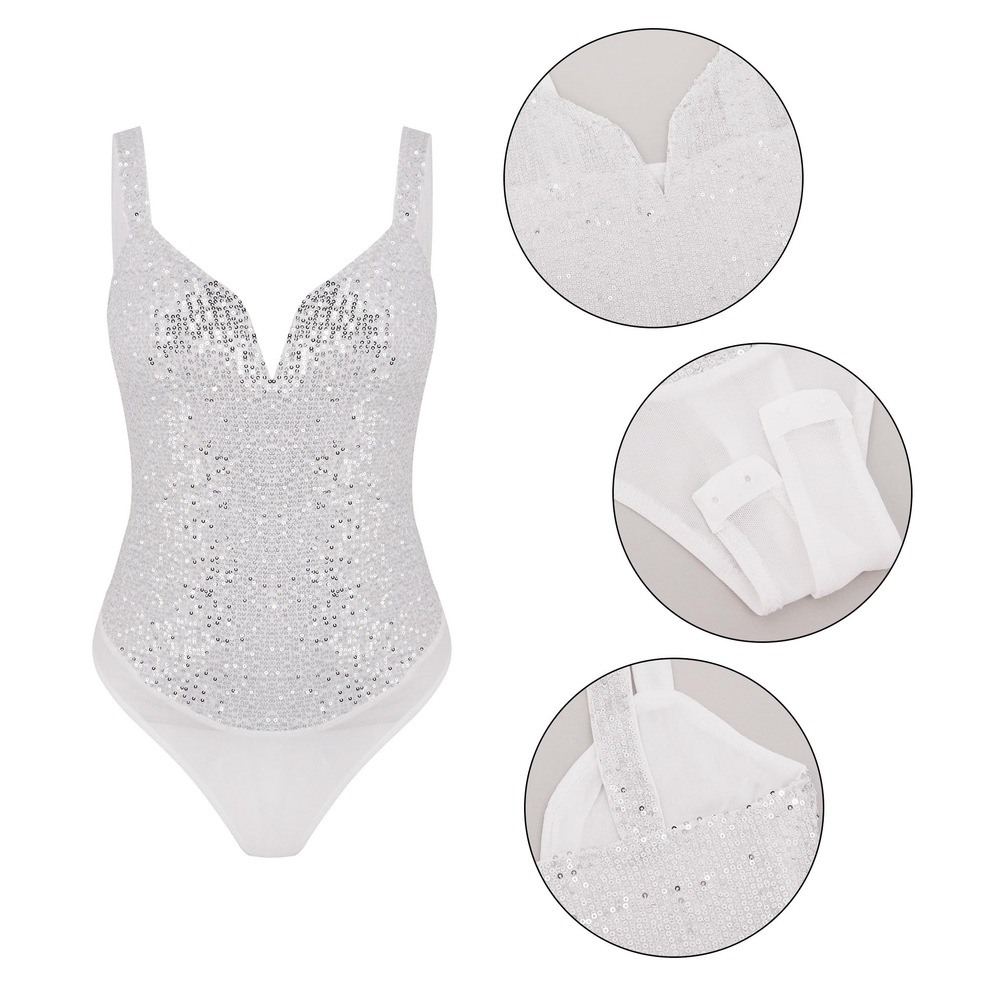 Naimo Body da donna con paillette, sexy, scollo a V, per feste, club, cami, senza maniche, con glitter