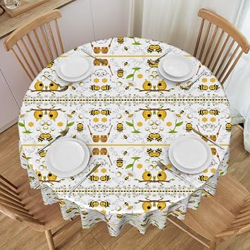 Flying Bees Daisy Honey Round Tablecloth a 60 Inch Round Table Cloth for Round Tables - Spring Round Tablecloth for Decorative
