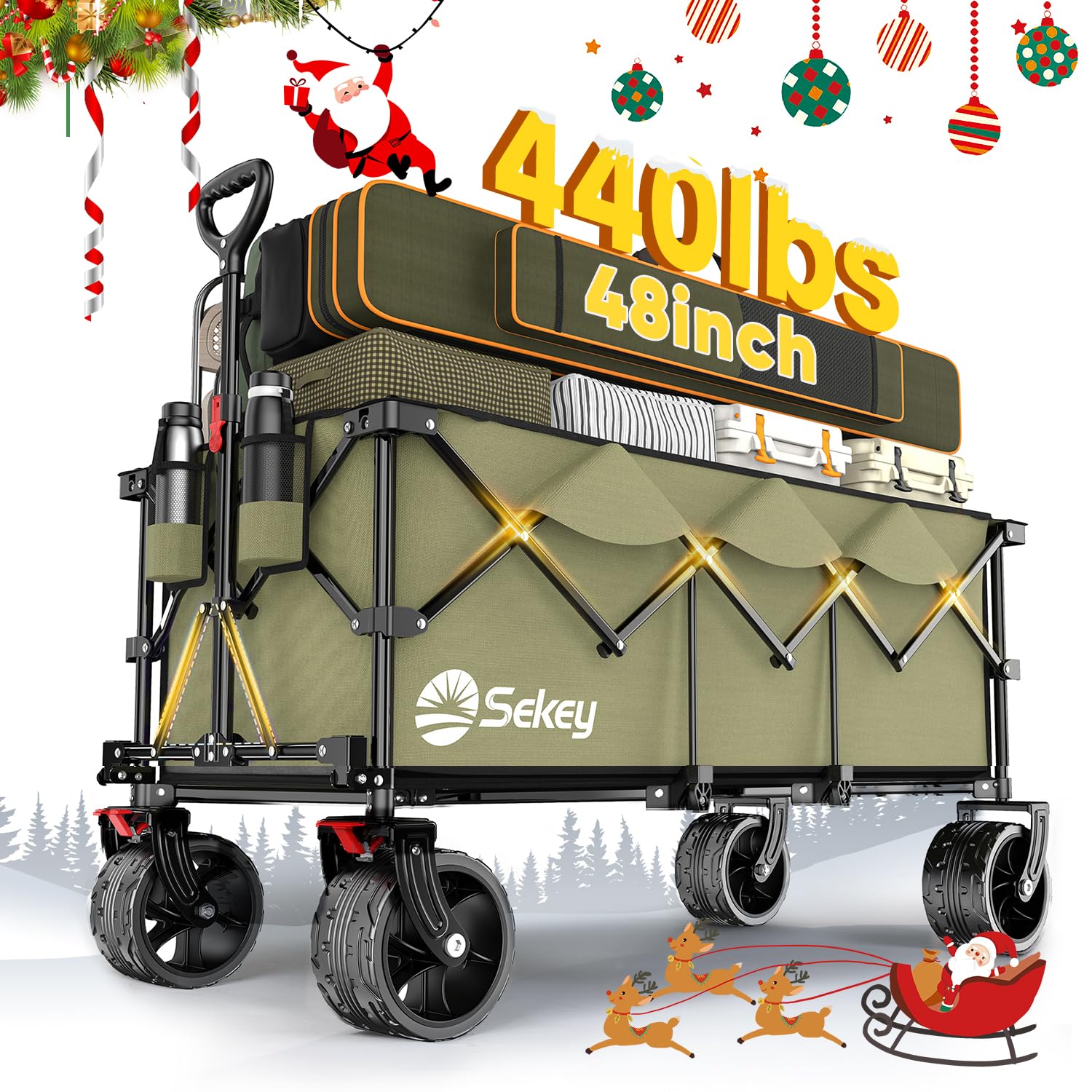 Sekey 400L Folding Beach Trolley, 440lbs Weight Capacity Heavy Duty Collapsible Festival Wagon Cart with Big All-Terrain Wide Wheels & Drink Holders, Foldable Outdoor Wagon for Garden Camping, Black main image 1