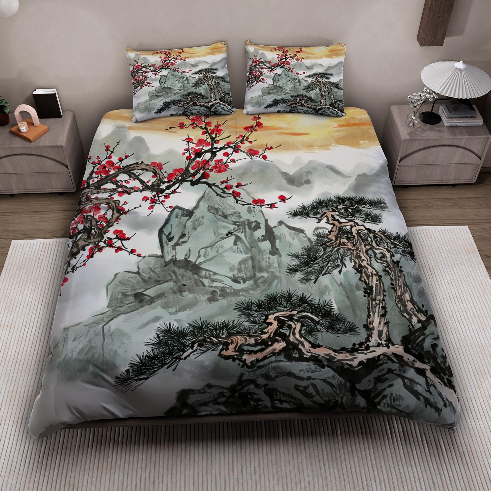 Housse de couette fleurs de cerisier anti-plis parure réversible 140x200 microfibre douce