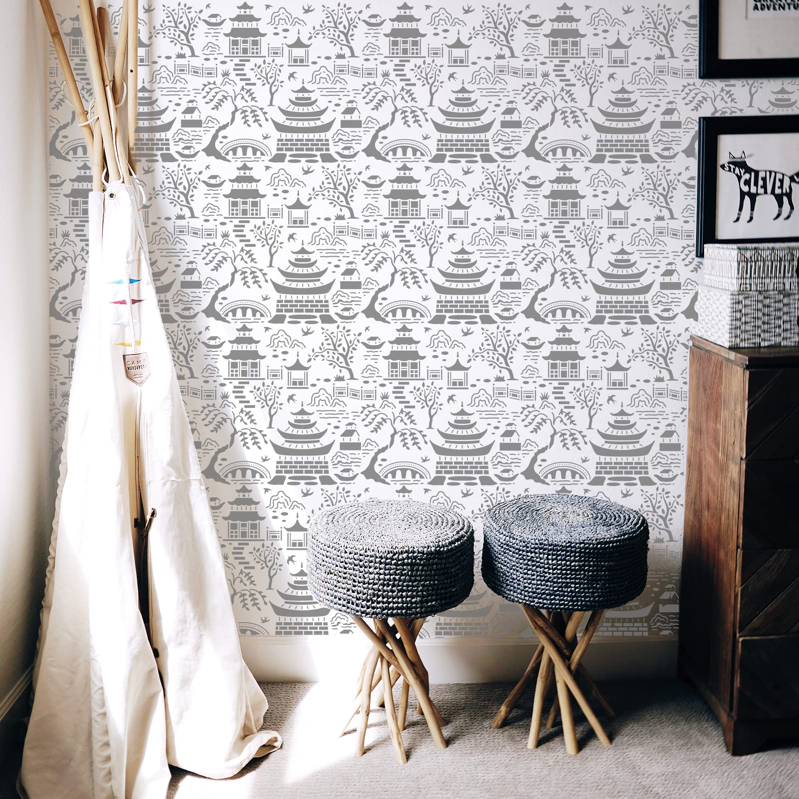 FINGERINSPIRE Secret Garden Toile Drawing Stencil 11.8x11.8inch Reusable for Birds, Tree, Mountains, Buildings, Bridge - Painting on Wood, Floor, Furniture, Wall and Paper 4