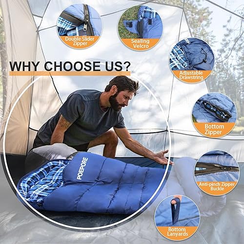 Miniatura 5 de POEPORE Saco de dormir de 0 grados 100% franela de algodón XXL para clima frío de invierno Saco de dormir de gran tamaño para adultos camping cero