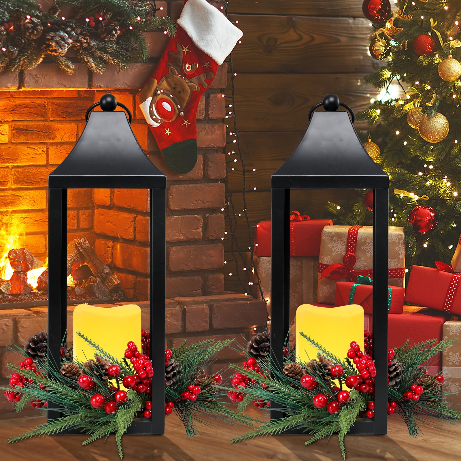 Lot de 2 lanternes de Noël décoratives pour intérieur, extérieur, 40,6 cm, lanternes à bougie décoratives sans flamme avec pommes de pin et baies pour centres de table, maison, porche