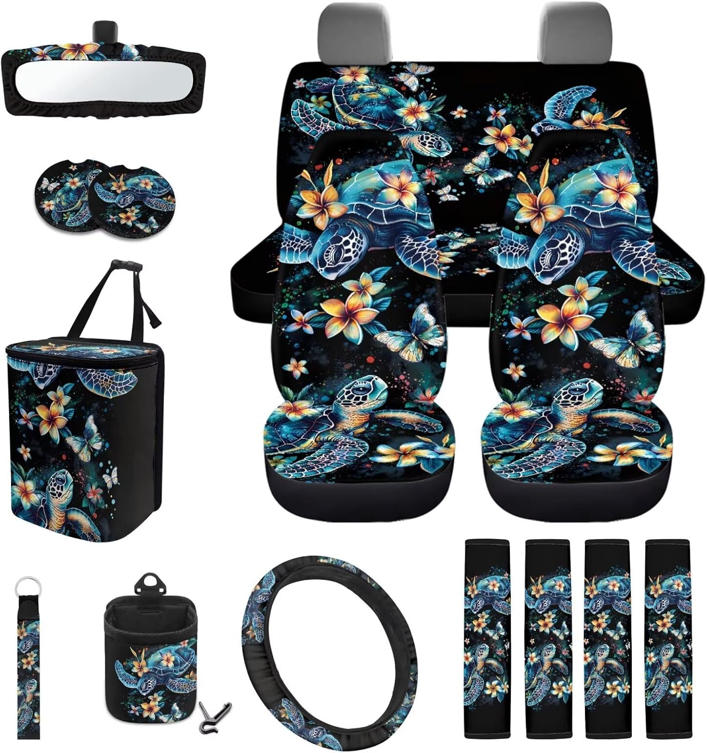 Sea Turtle Car Seat Cover Protector+Air Vent Storage Bag+Seat Belt Pad Cover+Trash Bag+Steering Wheel Cover+Keychain+Cup Holders+Rear View Mirror Cover Women Men