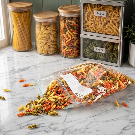 Restaurantware-Bag Tek 2 Gallon Storage Zip Bags, 25 Disposable Zipper Pouch Bags - Double Zipper, Greaseproof, Clear Plastic Zip Bag, With Write-On-Label, For Food Organization And Storage
