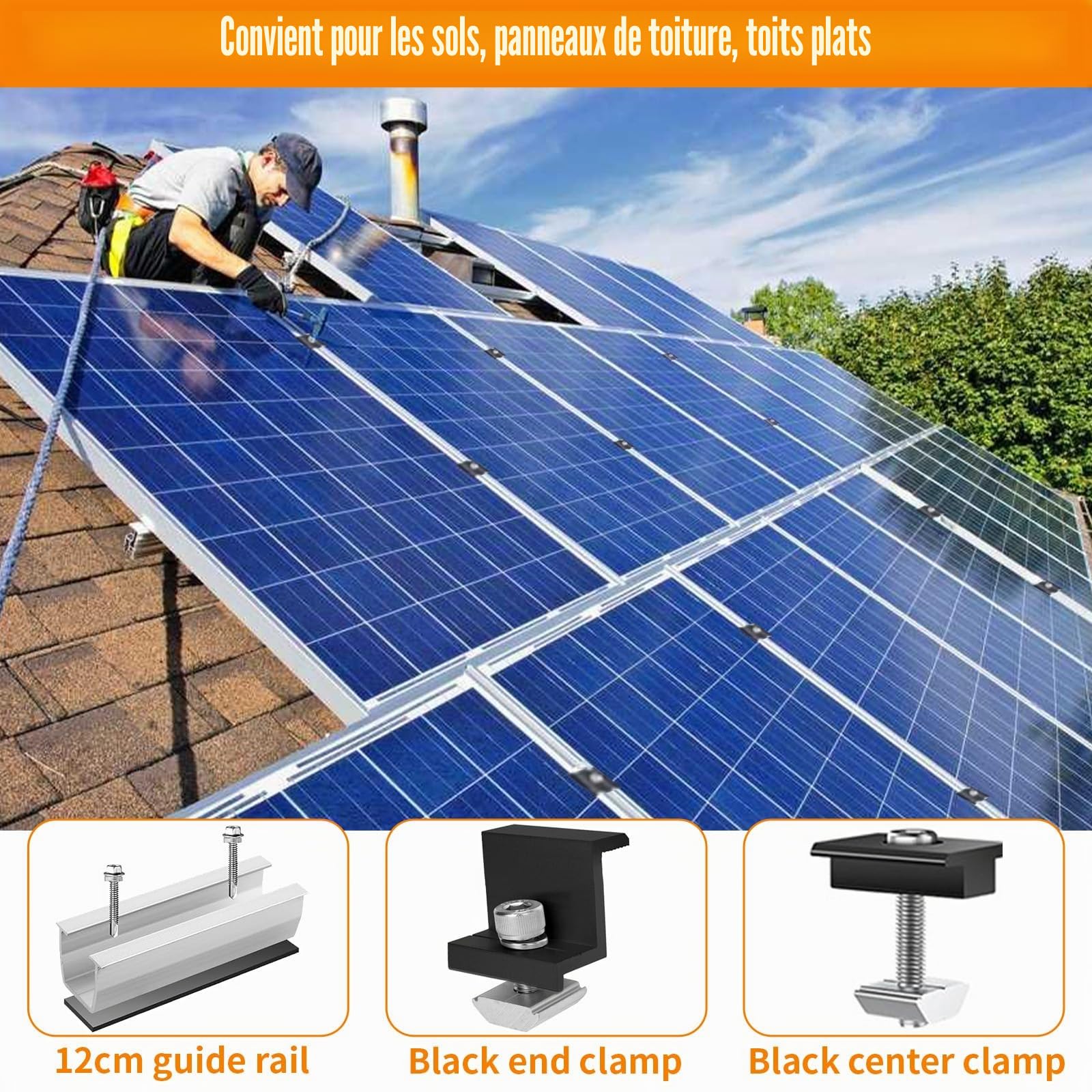 Kit Montage Solaire Aluminium Réglable avec 4 Pinces Extrémité, Supports Panneaux Photovoltaïque, Accessoires Rails Courts Argent 12cm, Support Fixation Solaires pour Toit Plat, Tôle Trapézoïdale