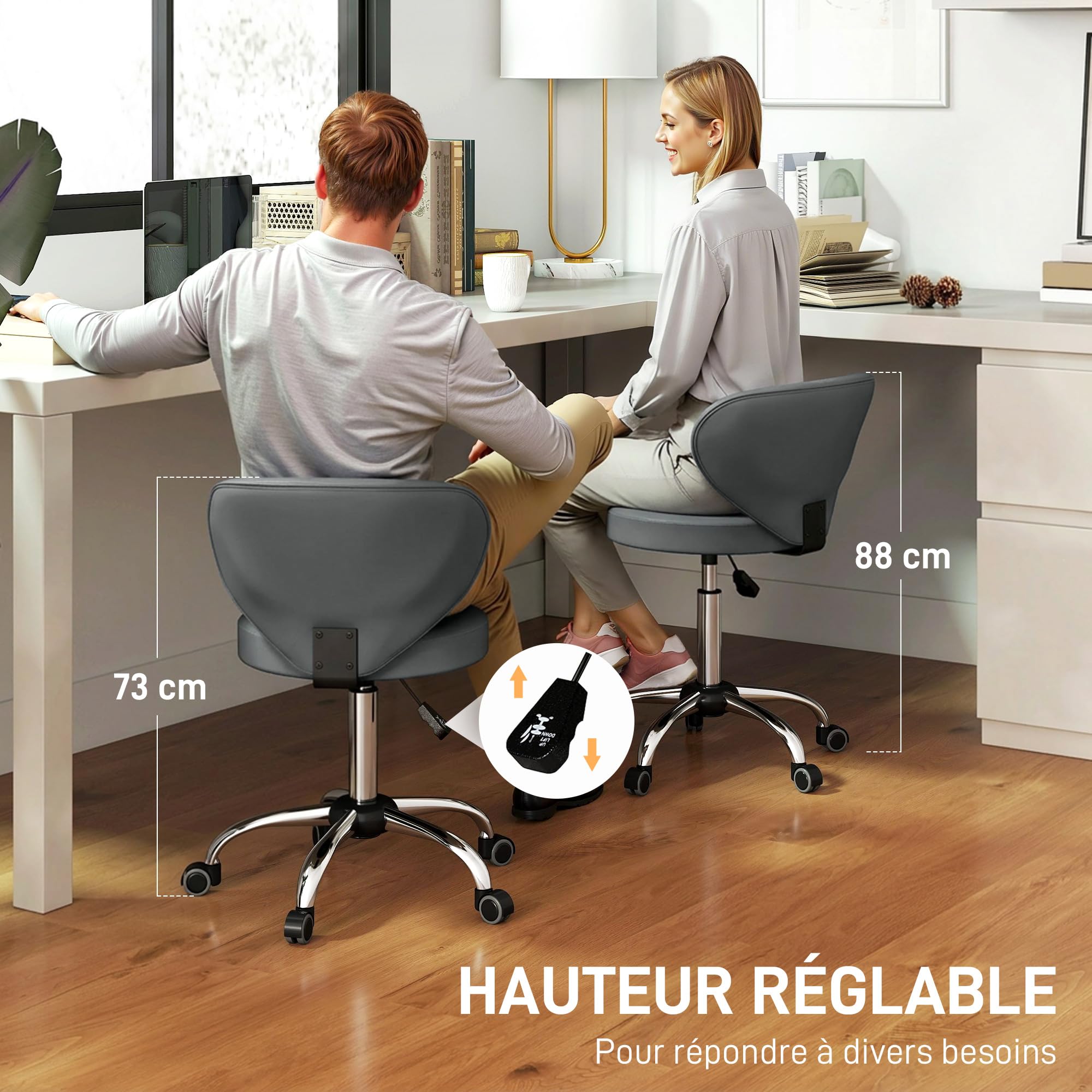 HOMCOM Tabouret à roulettes, Tabouret de Massage en PU avec Hauteur réglable 73-88cm et Dossier, Chaise de Travail pivotant 360°, Cadre en Acier, pour Salon de Massage, Tatouage, Clinique, Spa, Gris