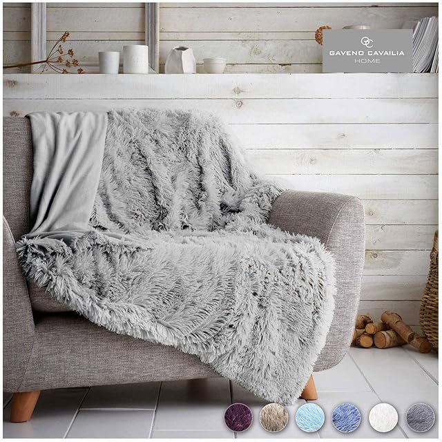FAIRWAYUK Fluffy Faux Fur Throw 150x200 cm, Premium Longhair Warm Cosy Fluffy Blanket for Bed, Ultra Soft Comfort Fleece Throws for the Sofa, Bed, Chair, Settee, Couch, Silver