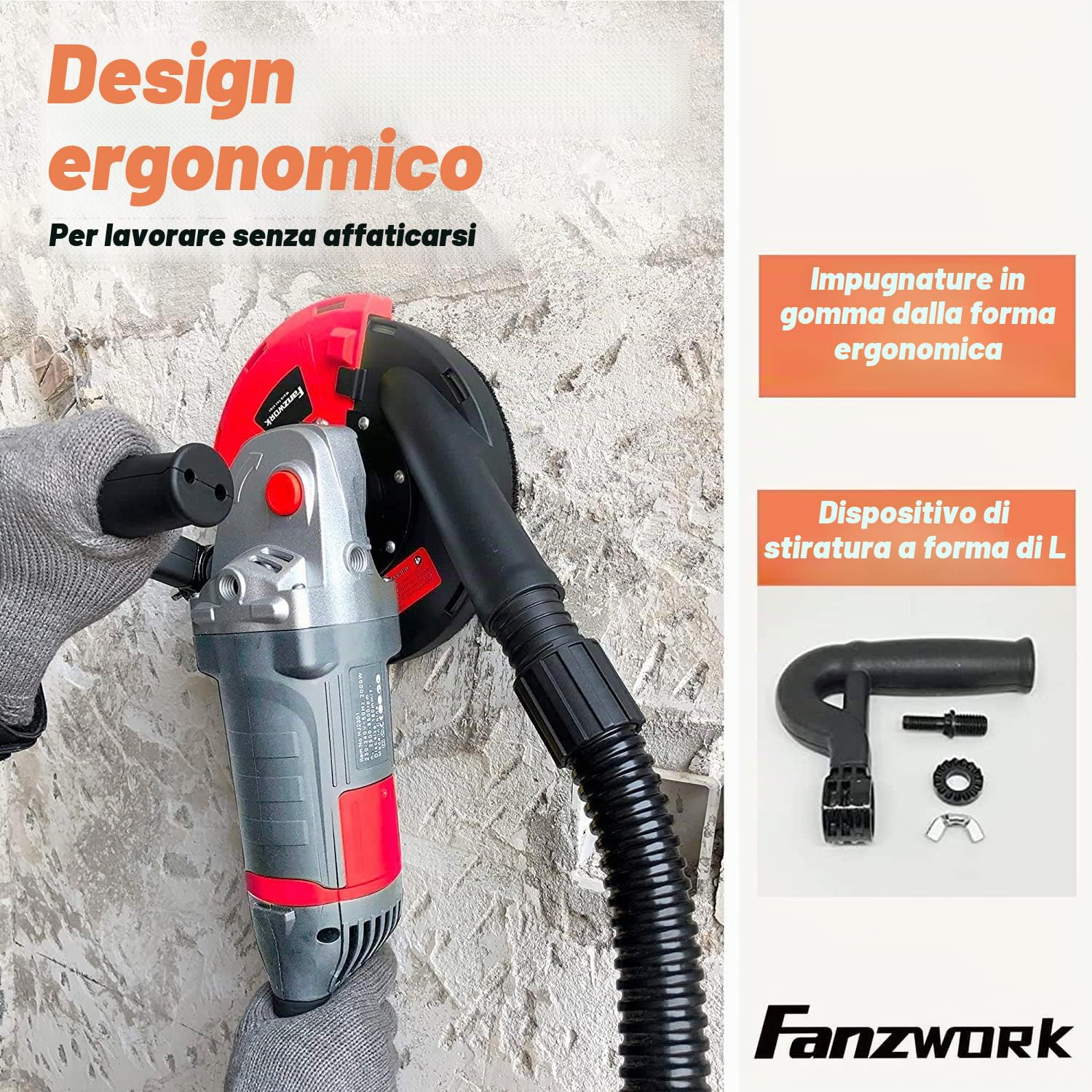 FANZWORK - Smerigliatrice per calcestruzzo, set con mola diamantata e cappa di aspirazione (2000 W/180 mm)