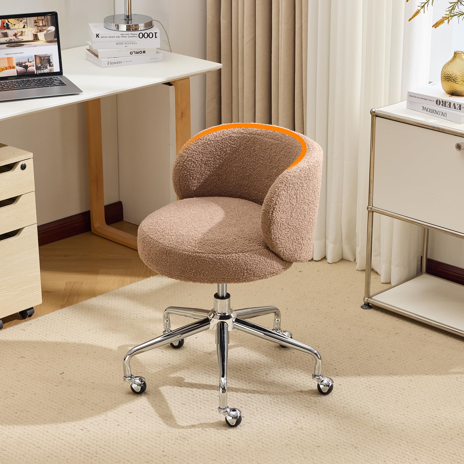Bonnlo Cute Swivel Vanity Chair, Small Comfy Office Desk Chair with Wheels, Ergonomic Modern Dressing Table Chair with Adjustable Height for Home Office, Bedroom, Dressing Room, Teddy Fleece, Brown — image 1