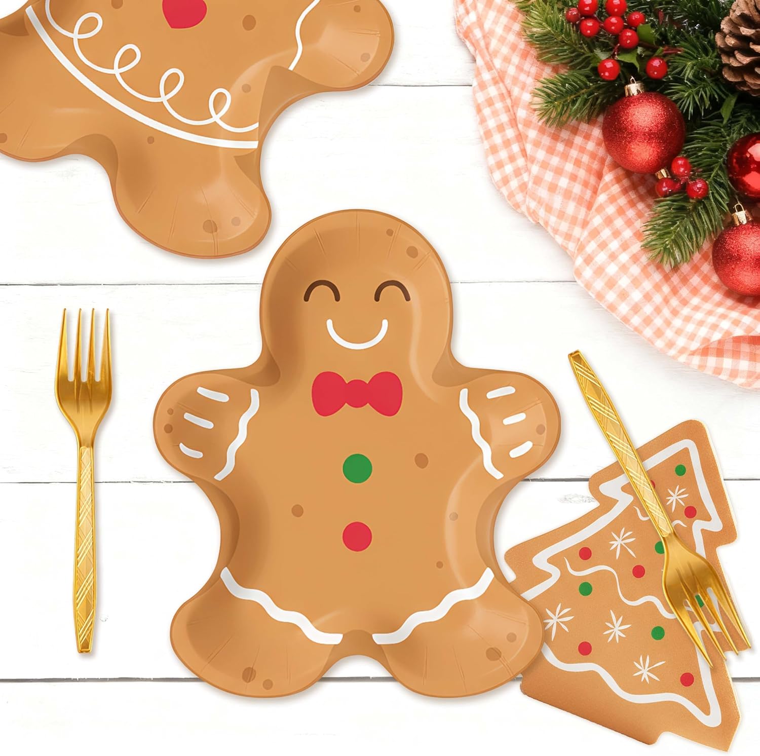 OuMuaMua Christmas Gingerbread Paper Plates, 150Pcs Gingerbread Christmas Disposable Tableware Set Include Paper Plates Napkins Forks for Xmas Holiday Birthday Party Supplies, Serves 50