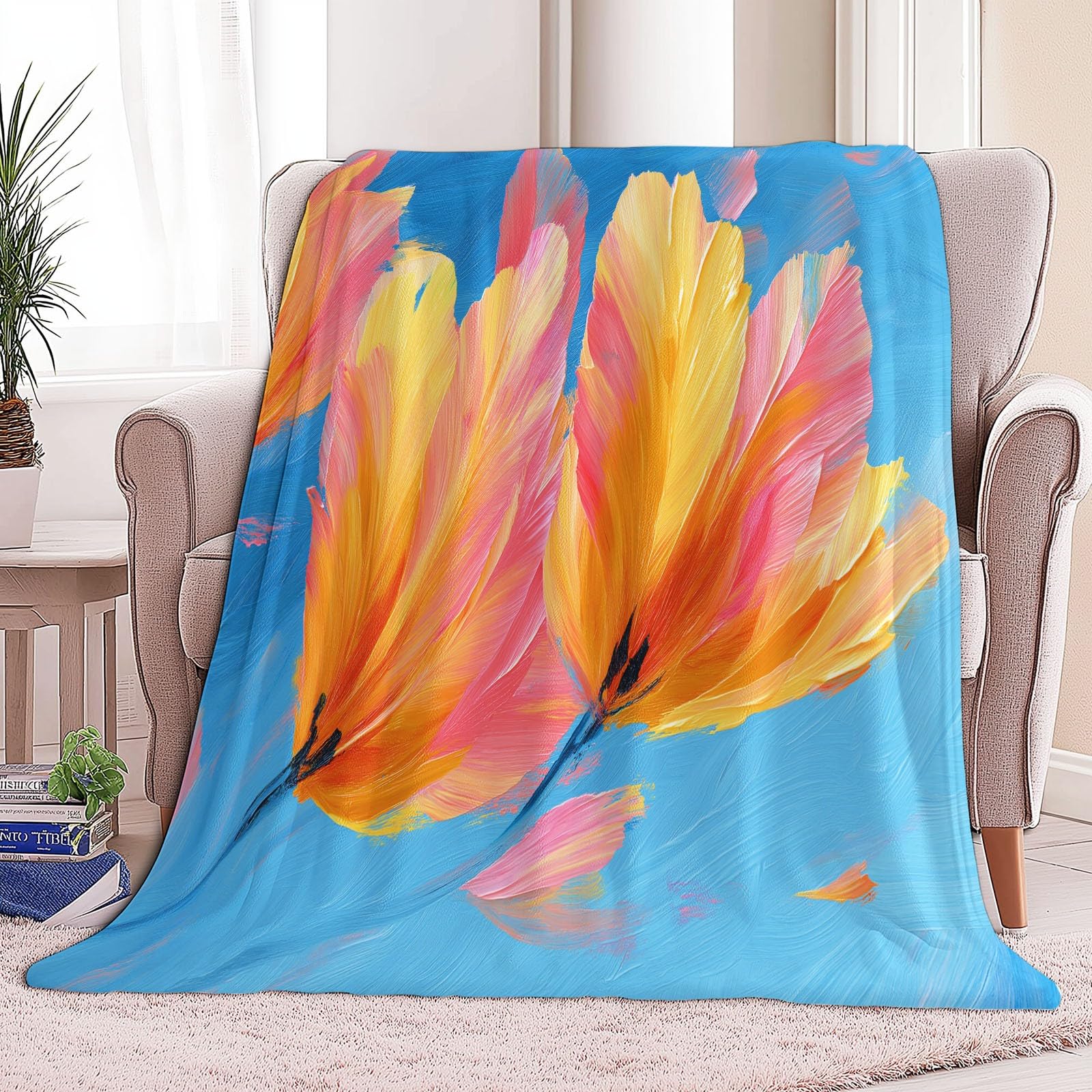 Koc flanelowy 220 x 240 cm, obraz olejny na sofę, miękki i ciepły pled z mikrofibry, na sofę i łóżko, miękki i ciepły koc flanelowy, błękitny
